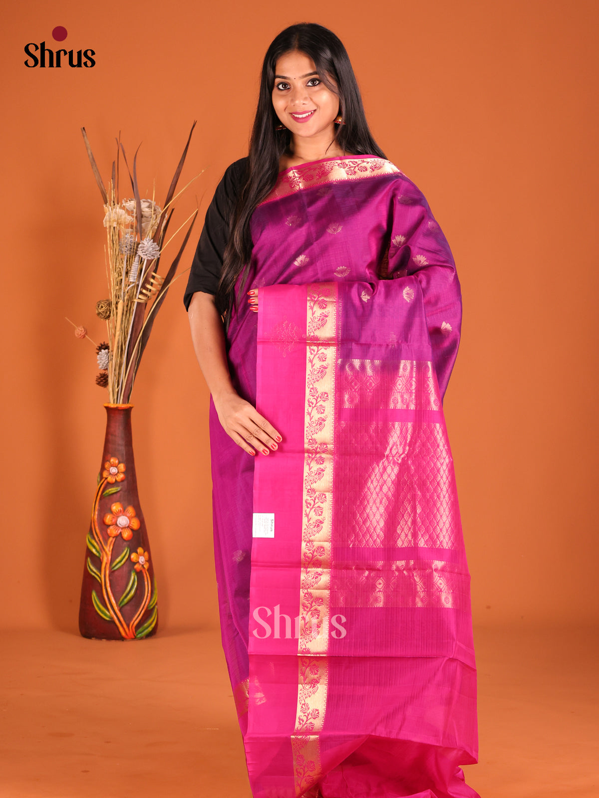 Purple & Pink Silk Cotton Saree with zari floral buttas