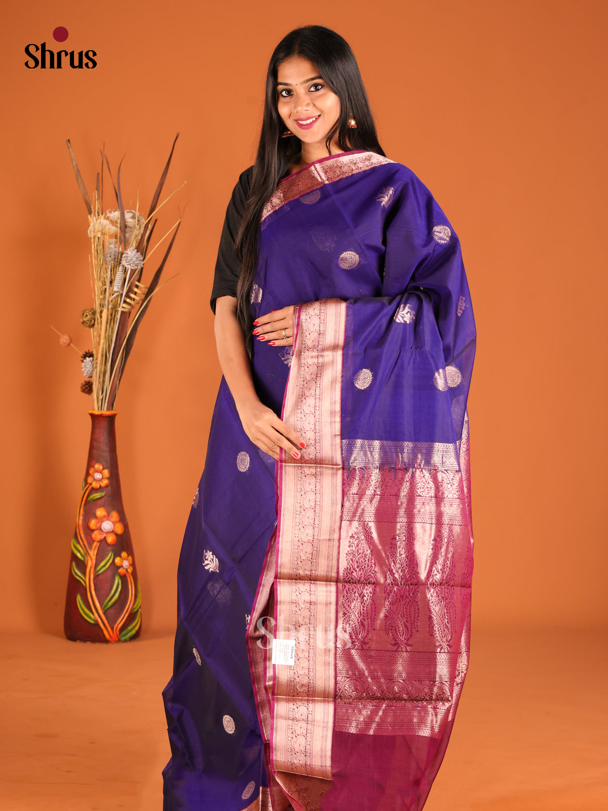 Blue & Maroon Silk Cotton Saree with contrast zari border