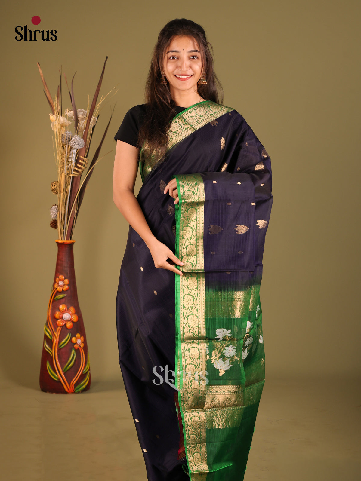 Blue & Green Silk Cotton Saree with rich zari border