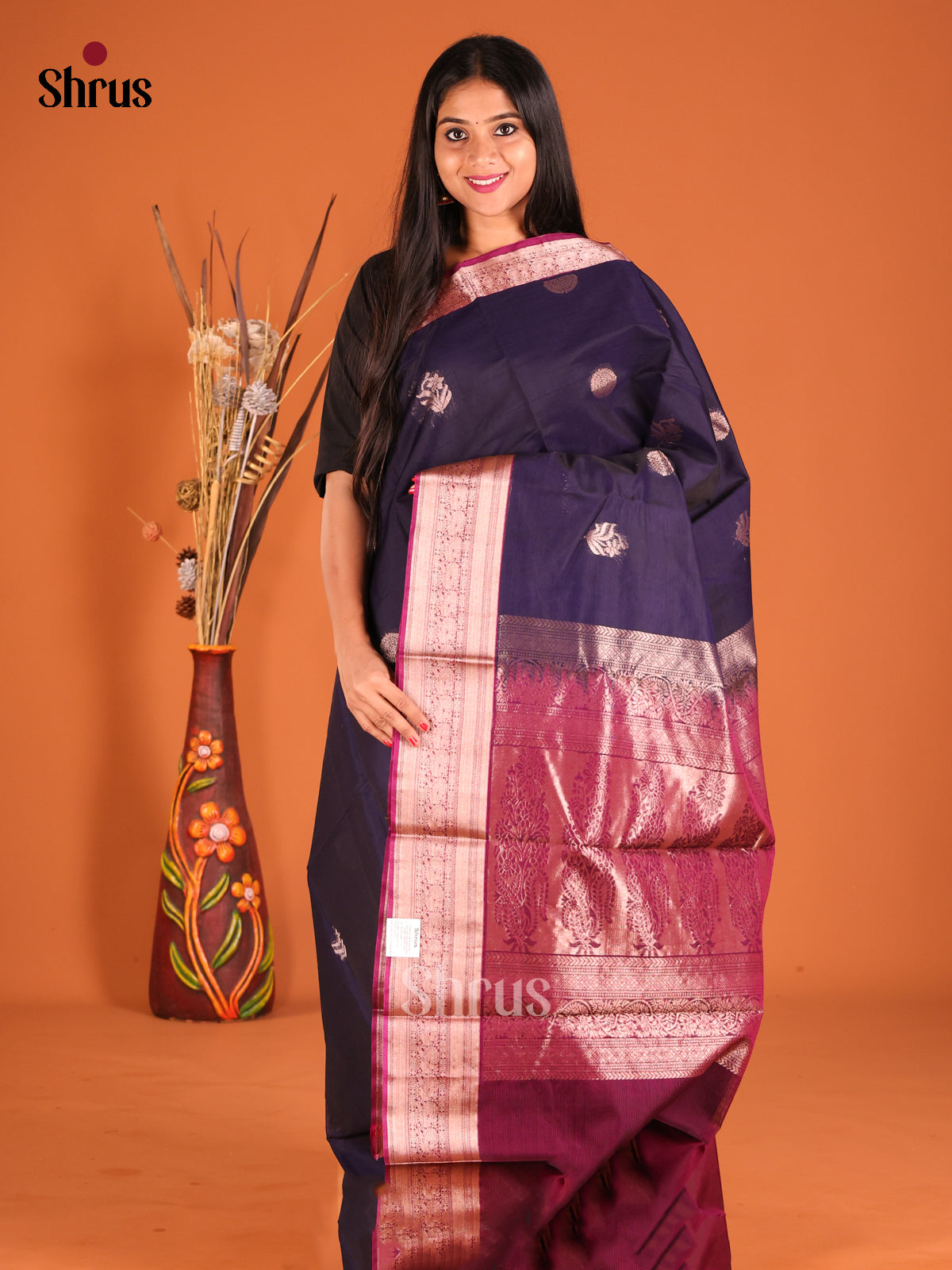 Blue & Maroon Silk Cotton Saree with rich traditional border