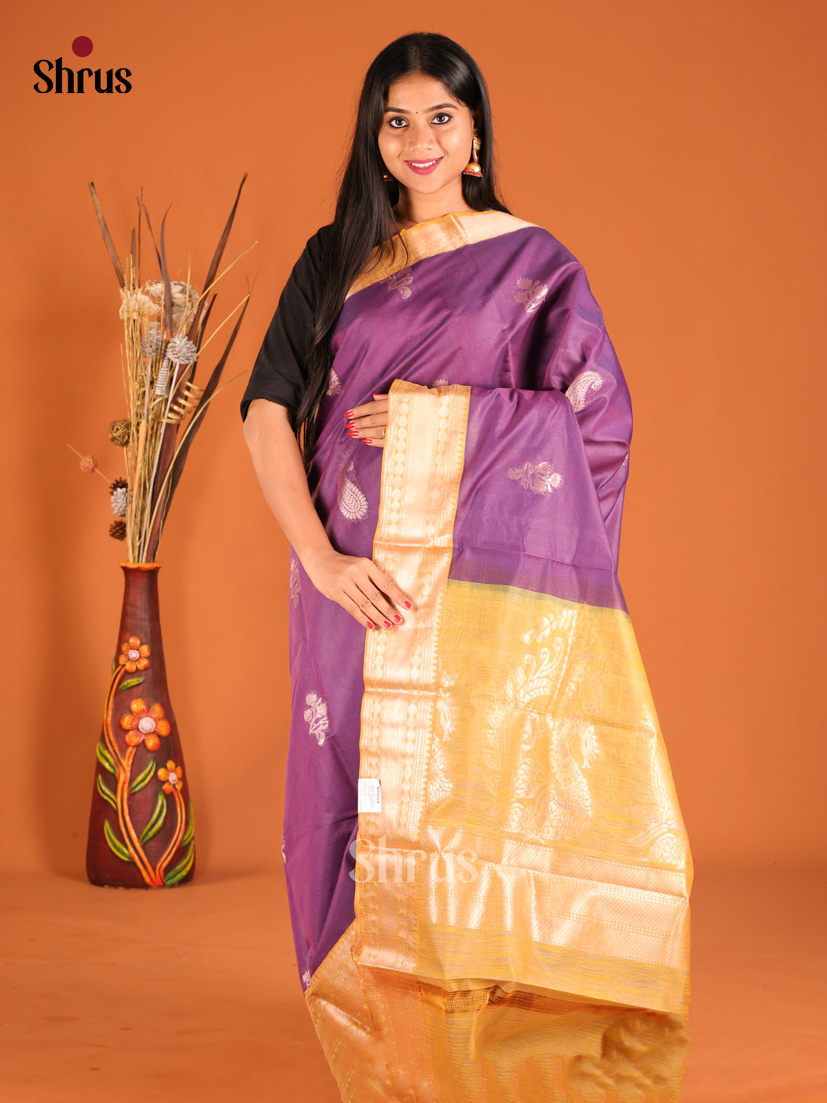 Purple & Beige Silk Cotton Saree with zari floral buttas