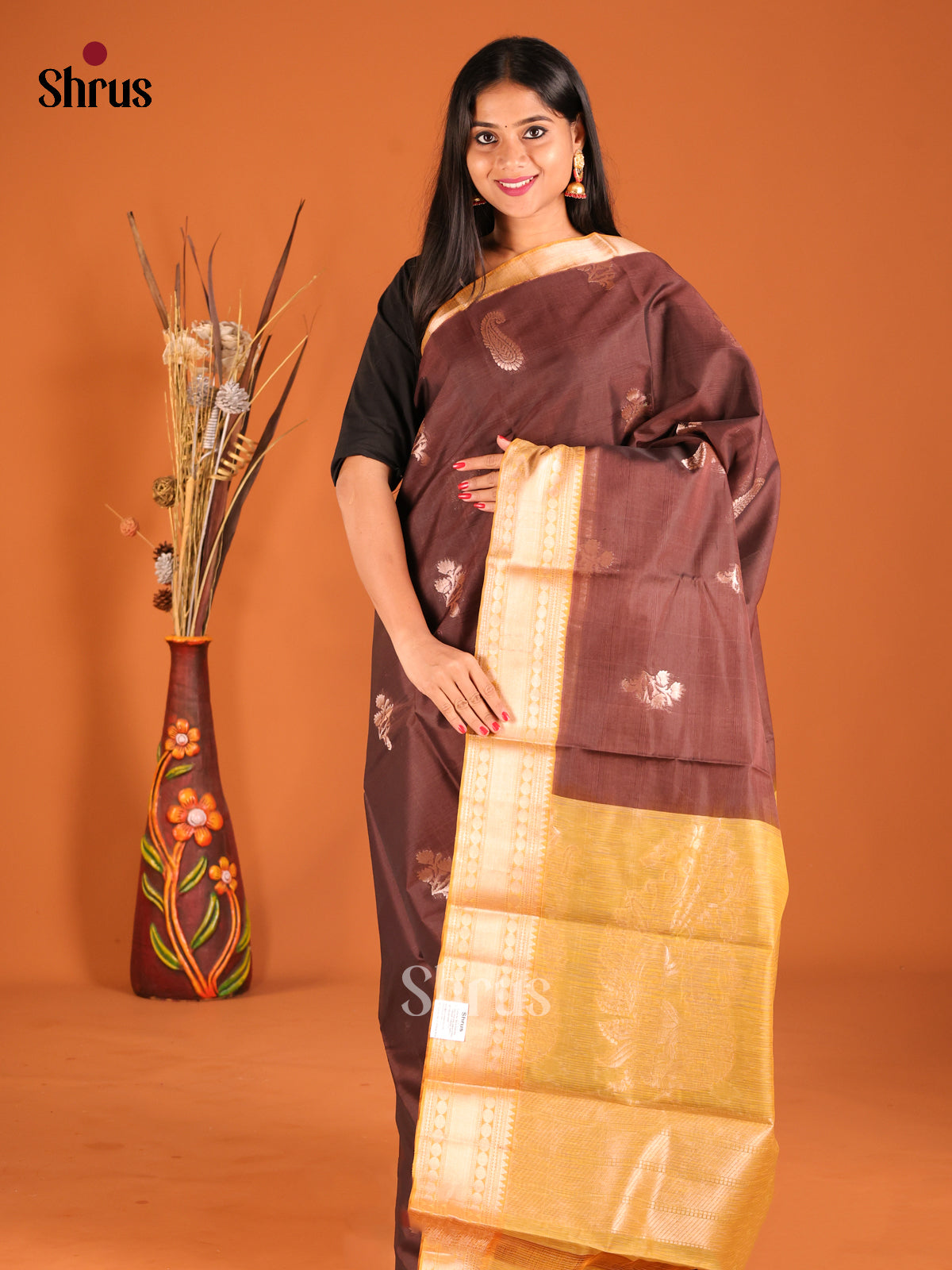 Brown & Mustard Silk Cotton Saree with zari floral buttas