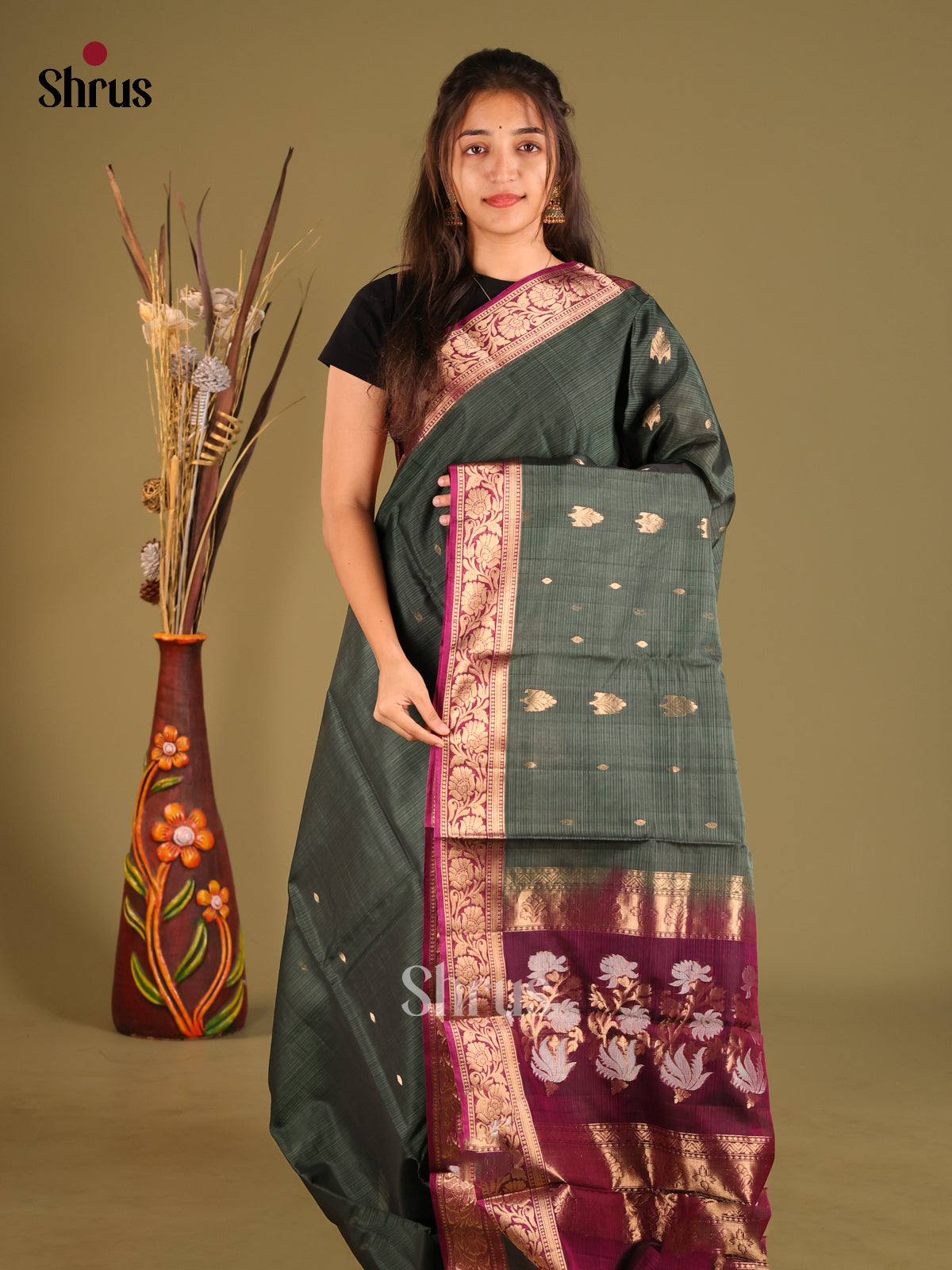 Green & Maroon Silk Cotton Saree with zari buttas