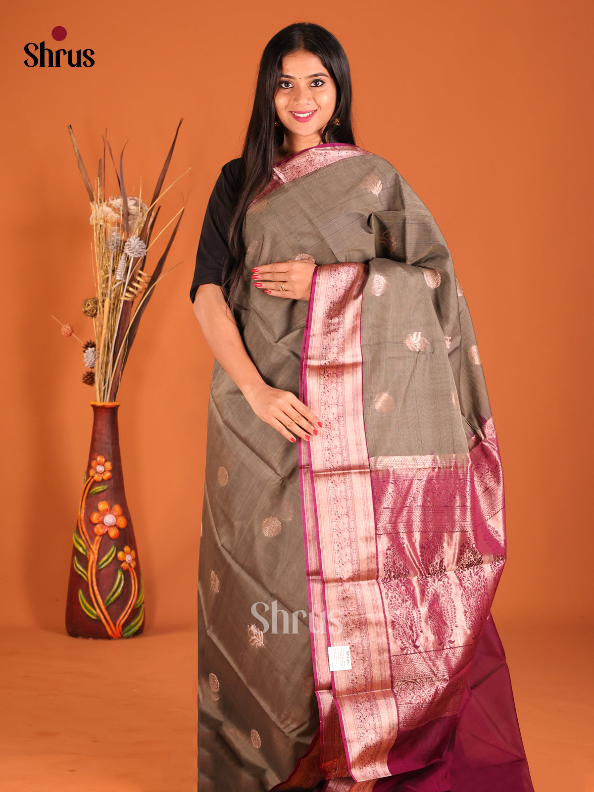 Grey & Maroon Silk Cotton Saree with zari floral buttas
