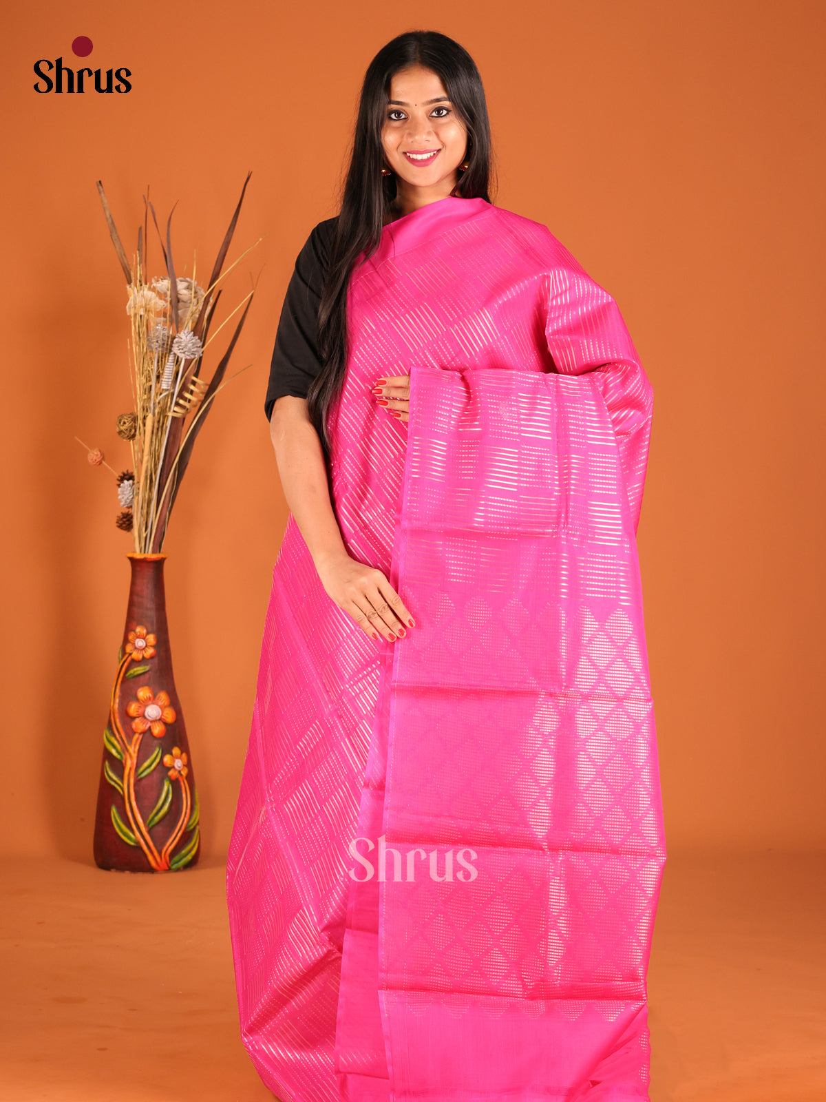 Pink single tone Silk Cotton Saree with zari stripes buttas