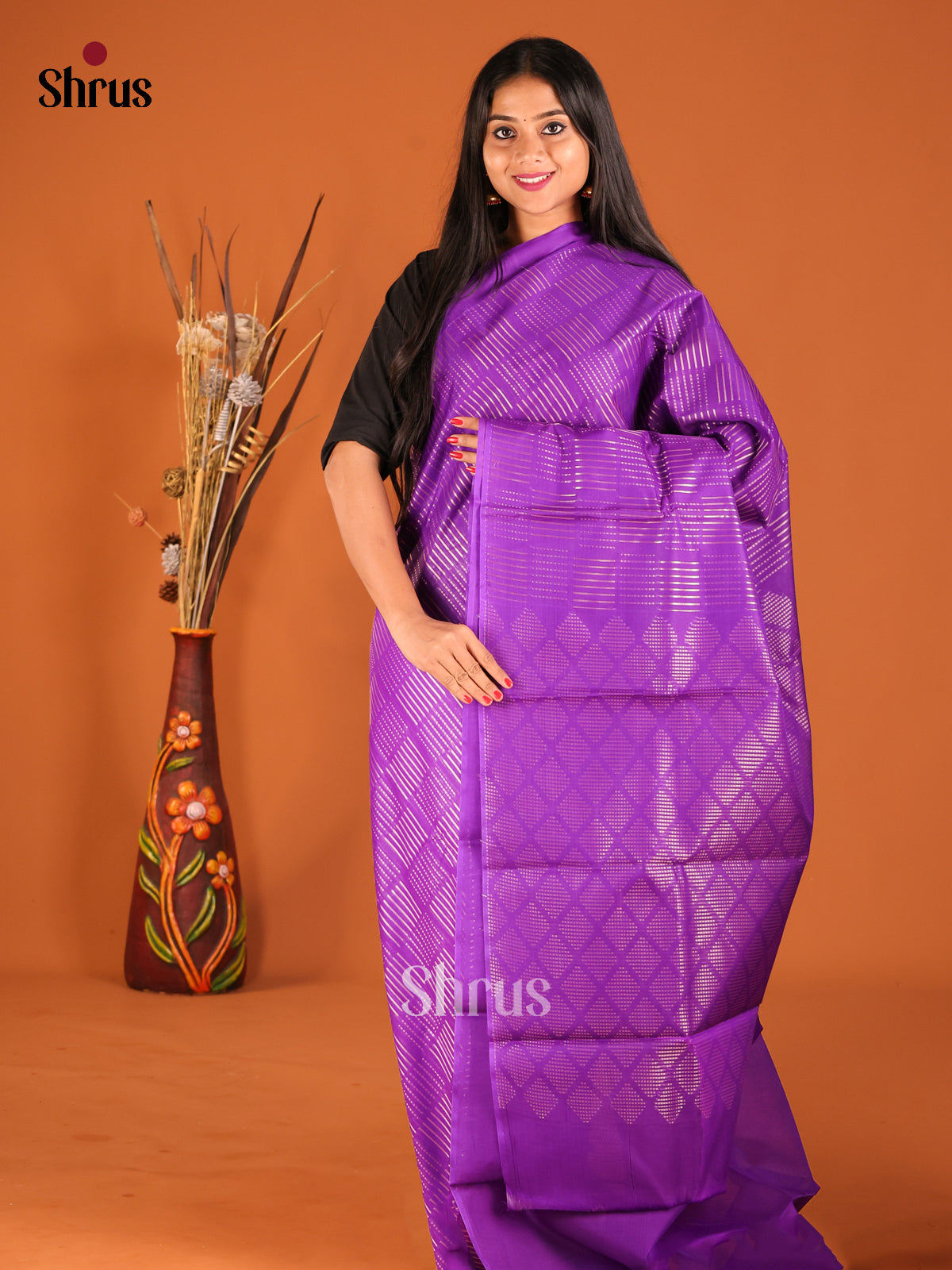 Violet Single tone Silk Cotton Saree with brocade pallu