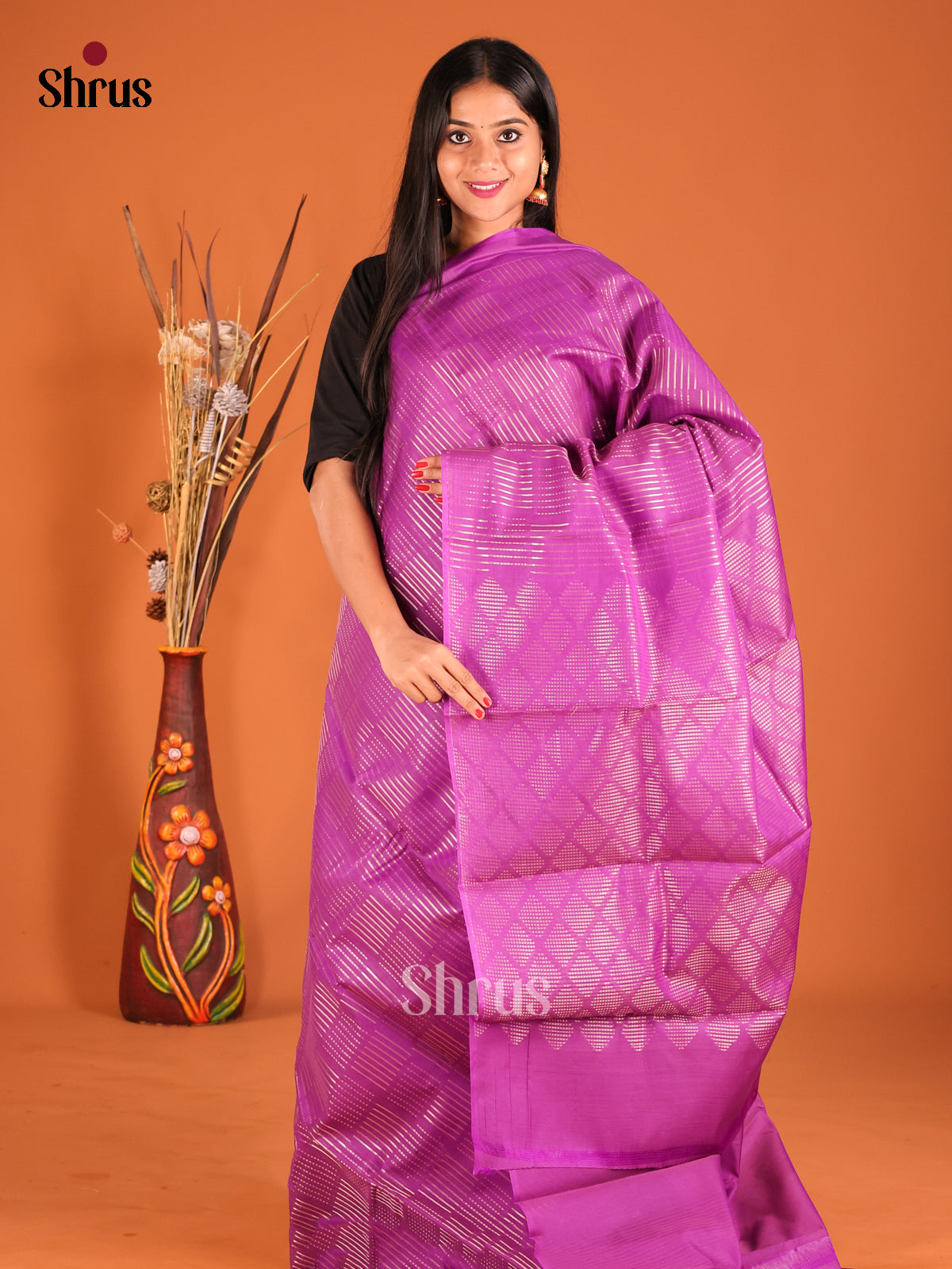 Purple Single tone Silk Cotton Saree with zari stripes