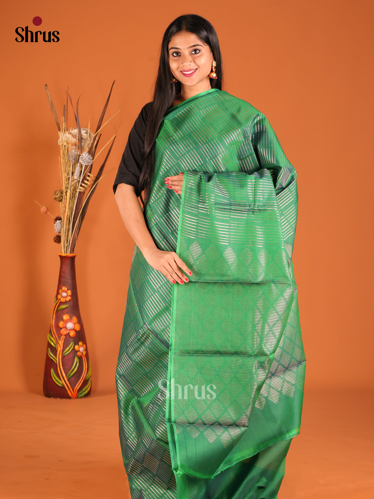 Green Single Tone Silk Cotton Saree with zari stripes