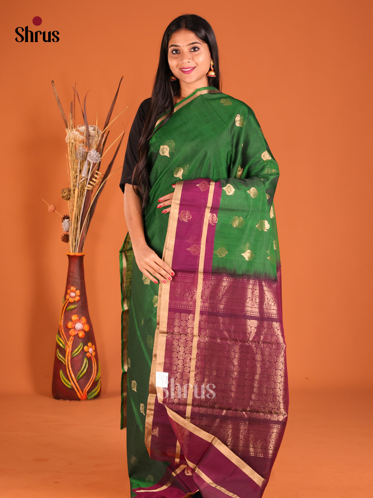Green & Purple Silk Cotton Saree with rettaipet zari border