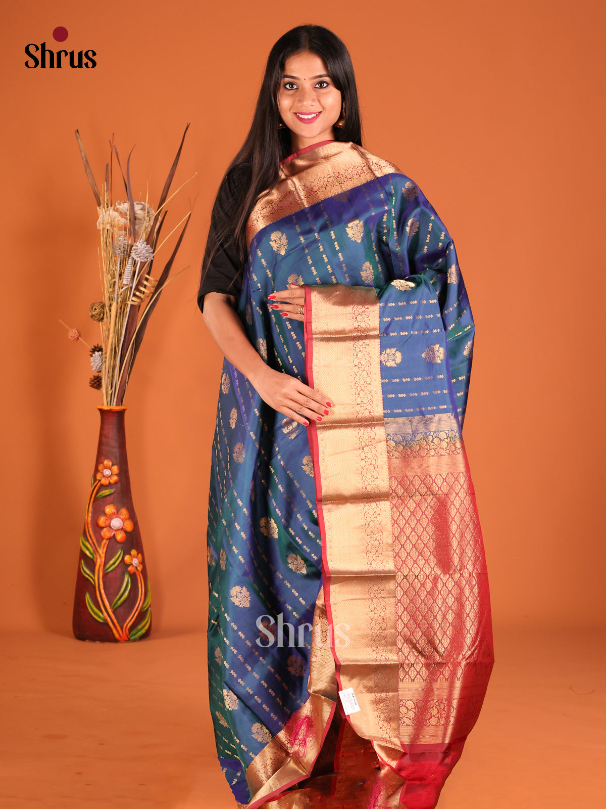 Blue & Maroon Softsilk-halfpure Saree with gold zari floral buttas