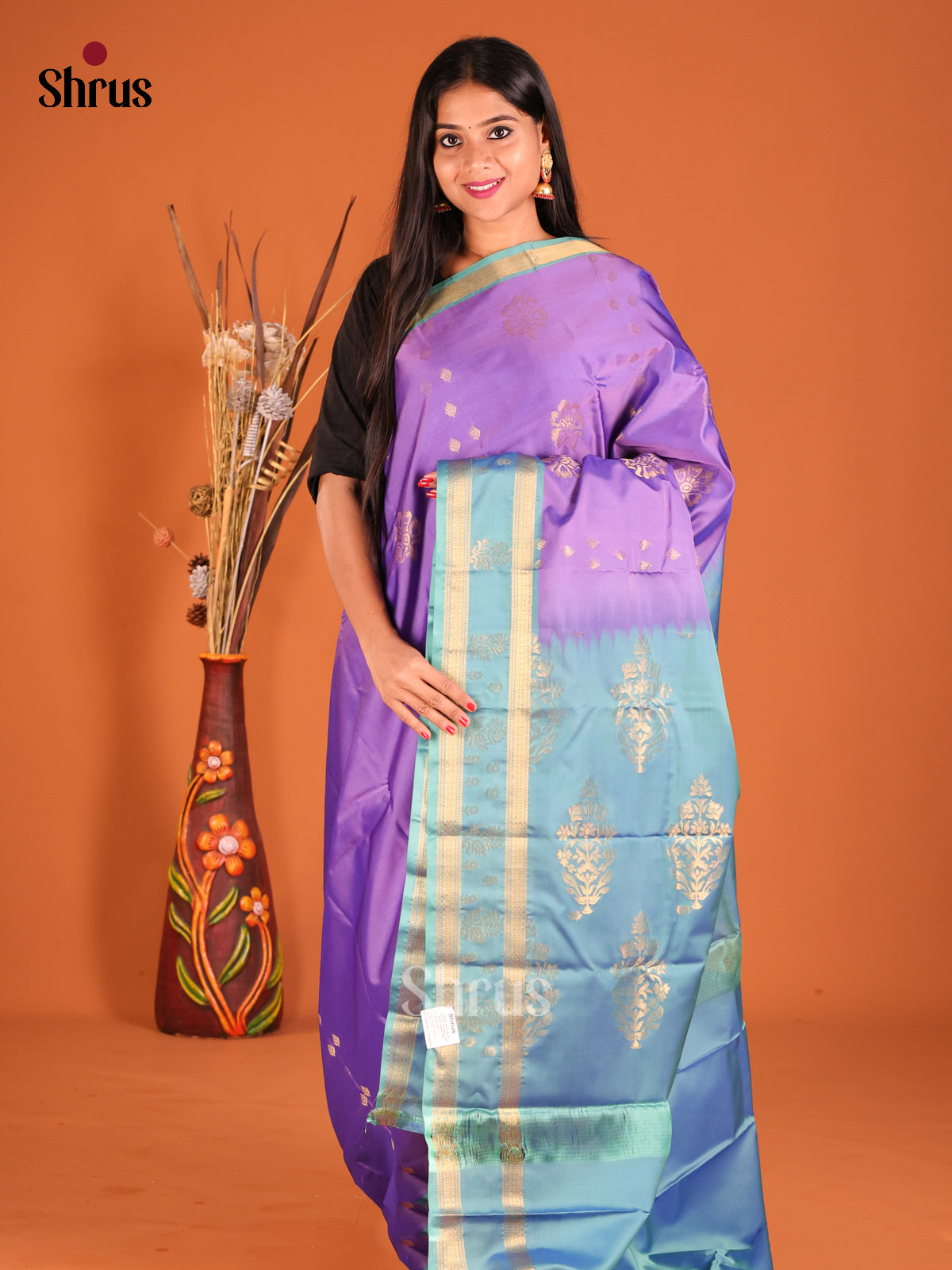 Lavender & Blue Softsilk-halfpure Saree with rettaipet zari borde - Shop on Shrus.com