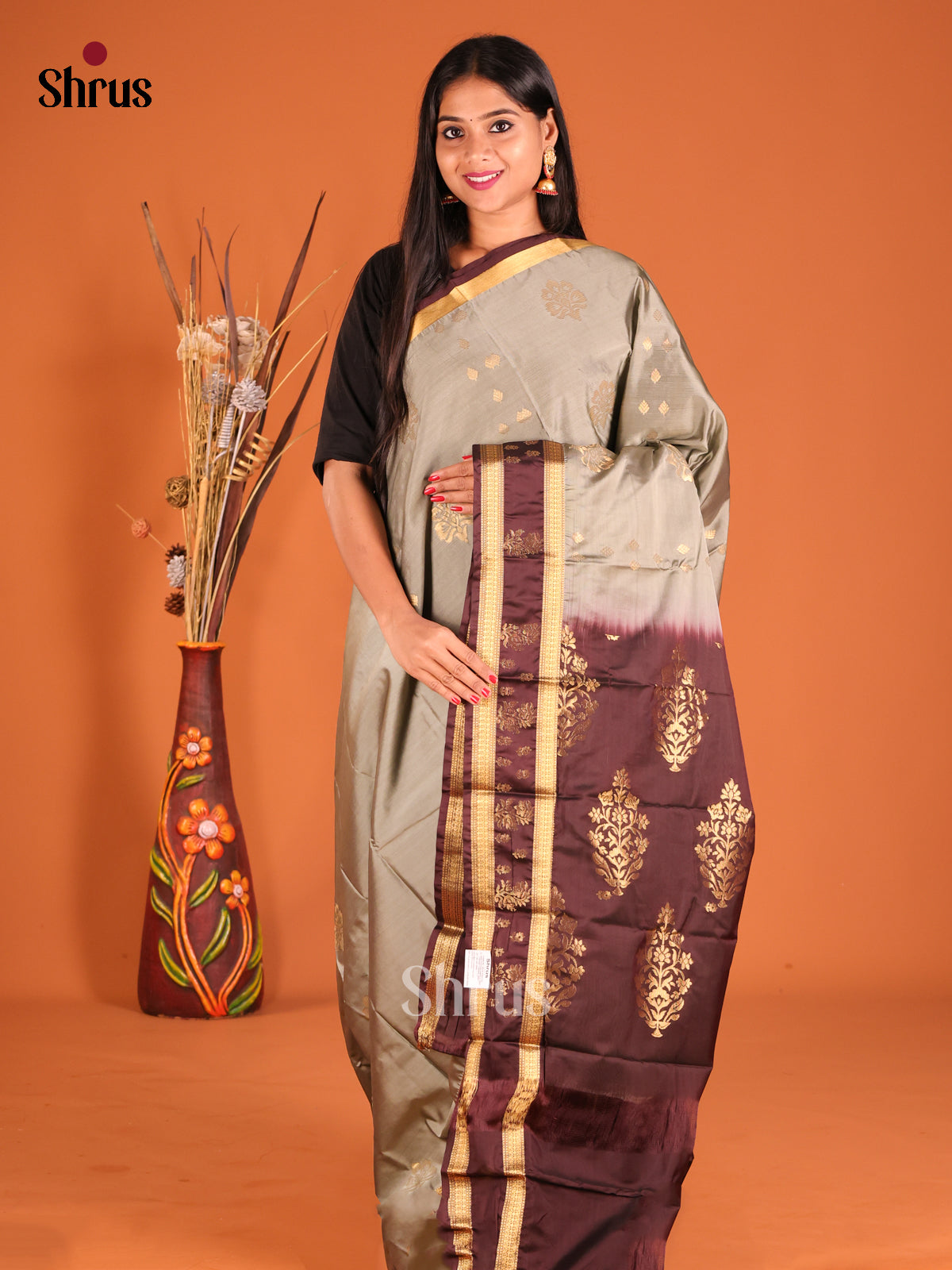 Grey & Brown Softsilk-halfpure Saree with gold zari rettaipet border - Shop on Shrus.com