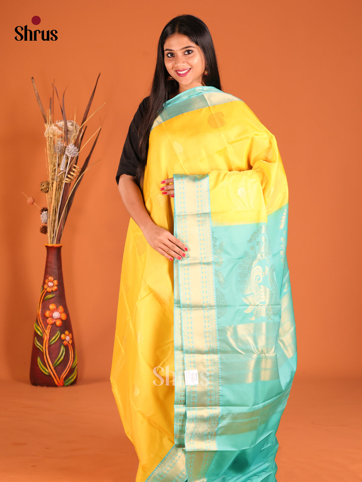 Yellow & Teal Softsilk-halfpure Saree with paisleys motifs - Shop on Shrus.com