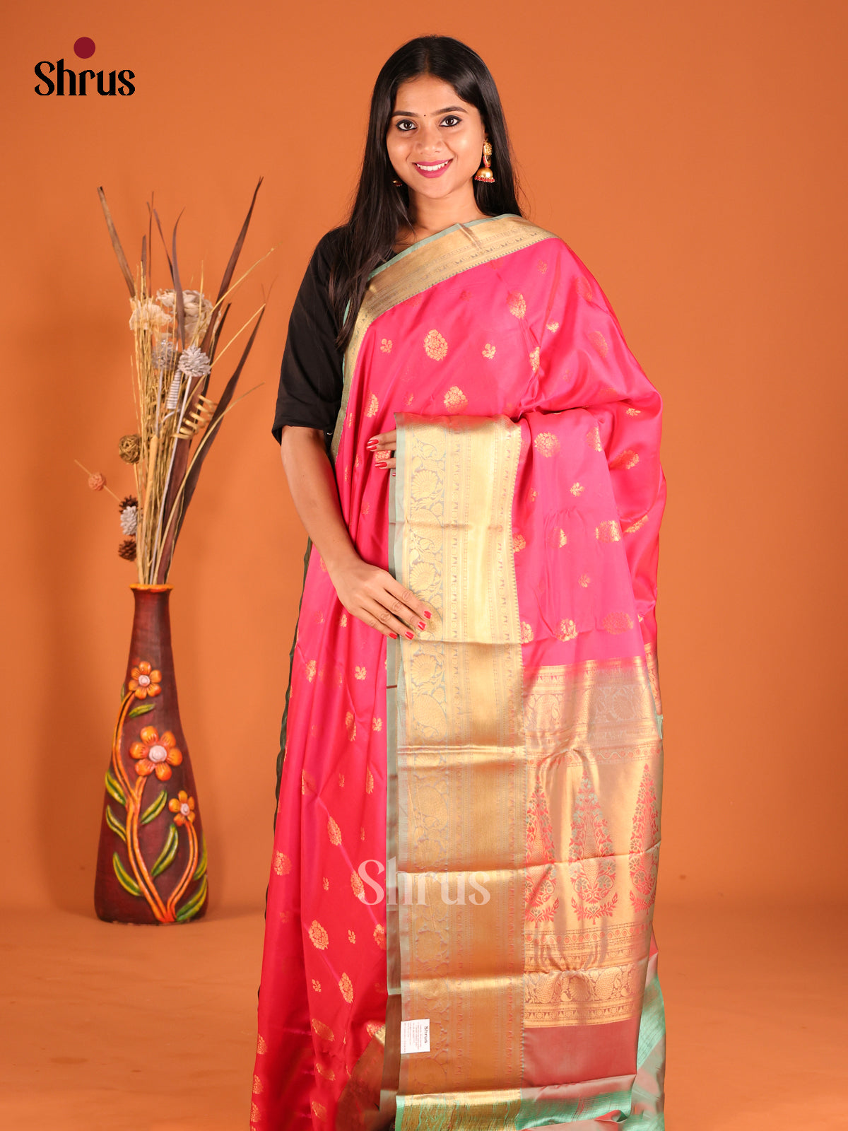 Pink & Grey Softsilk-halfpure Saree with gold zari floral buttas