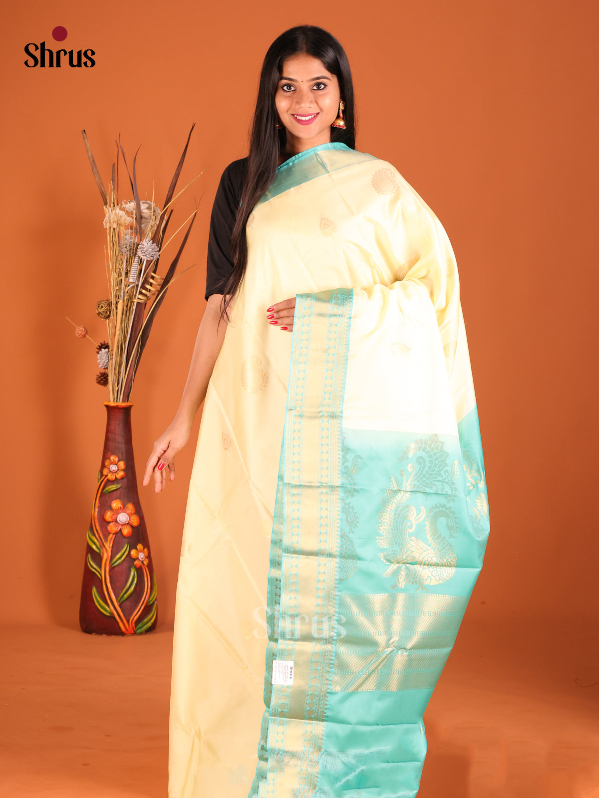 Light Yellow & Teal Softsilk-halfpure Saree with traditional zari Border - Shop on Shrus.com