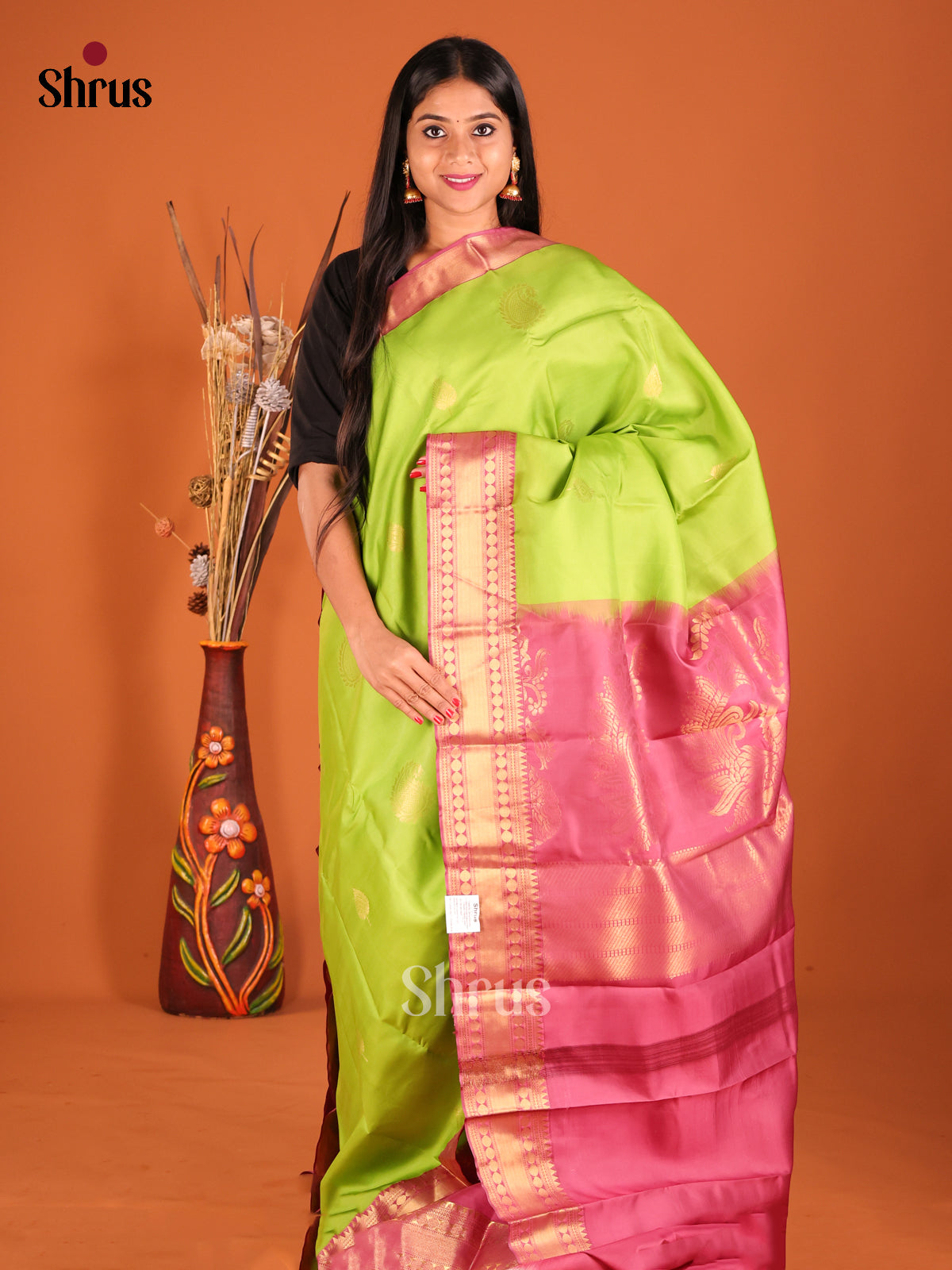 Green & Pink Softsilk-halfpure Saree with contrast zari border - Shop on Shrus.com