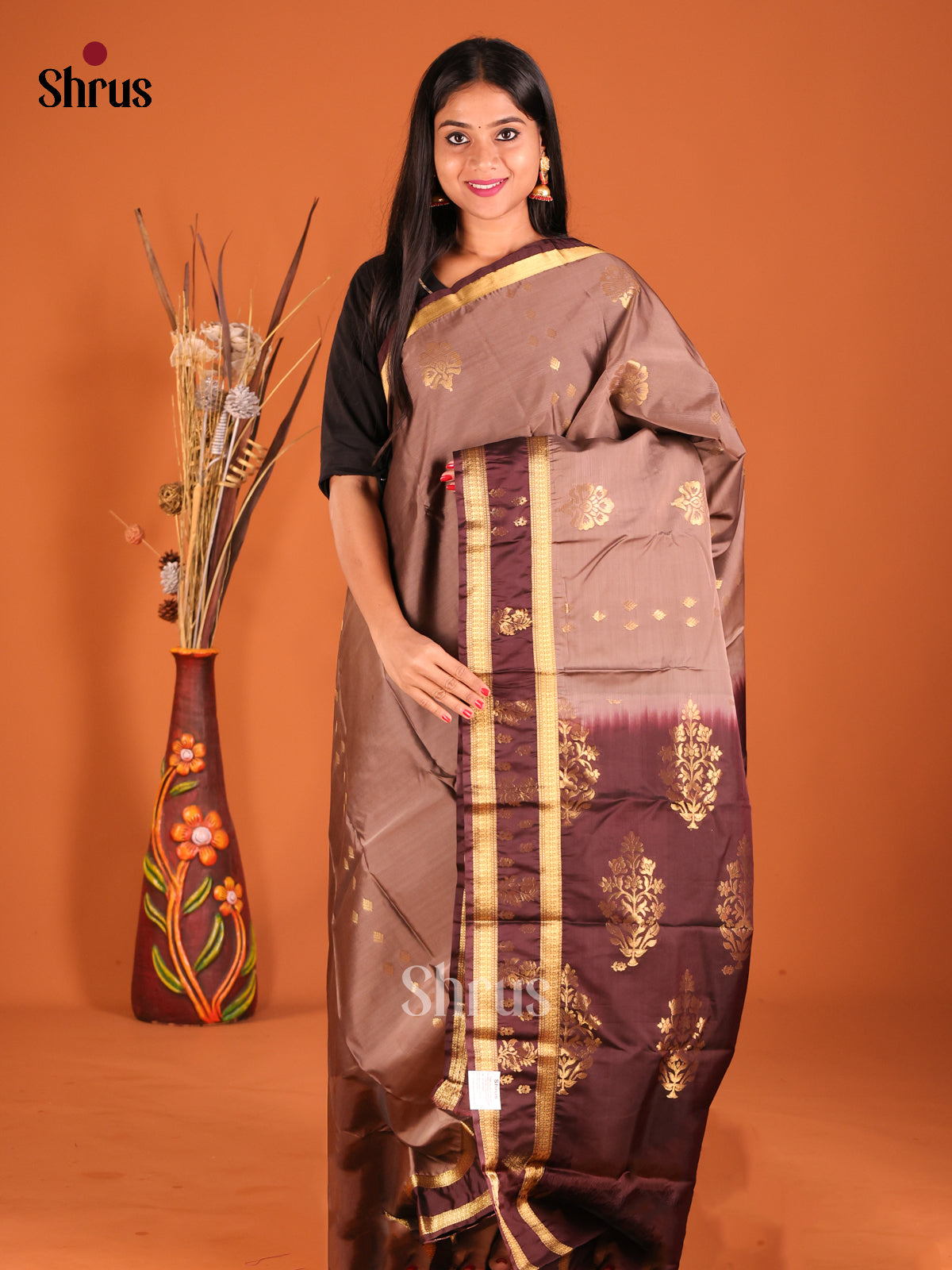 Light Brown & Brown Softsilk-halfpure Saree with rettaipet zari border