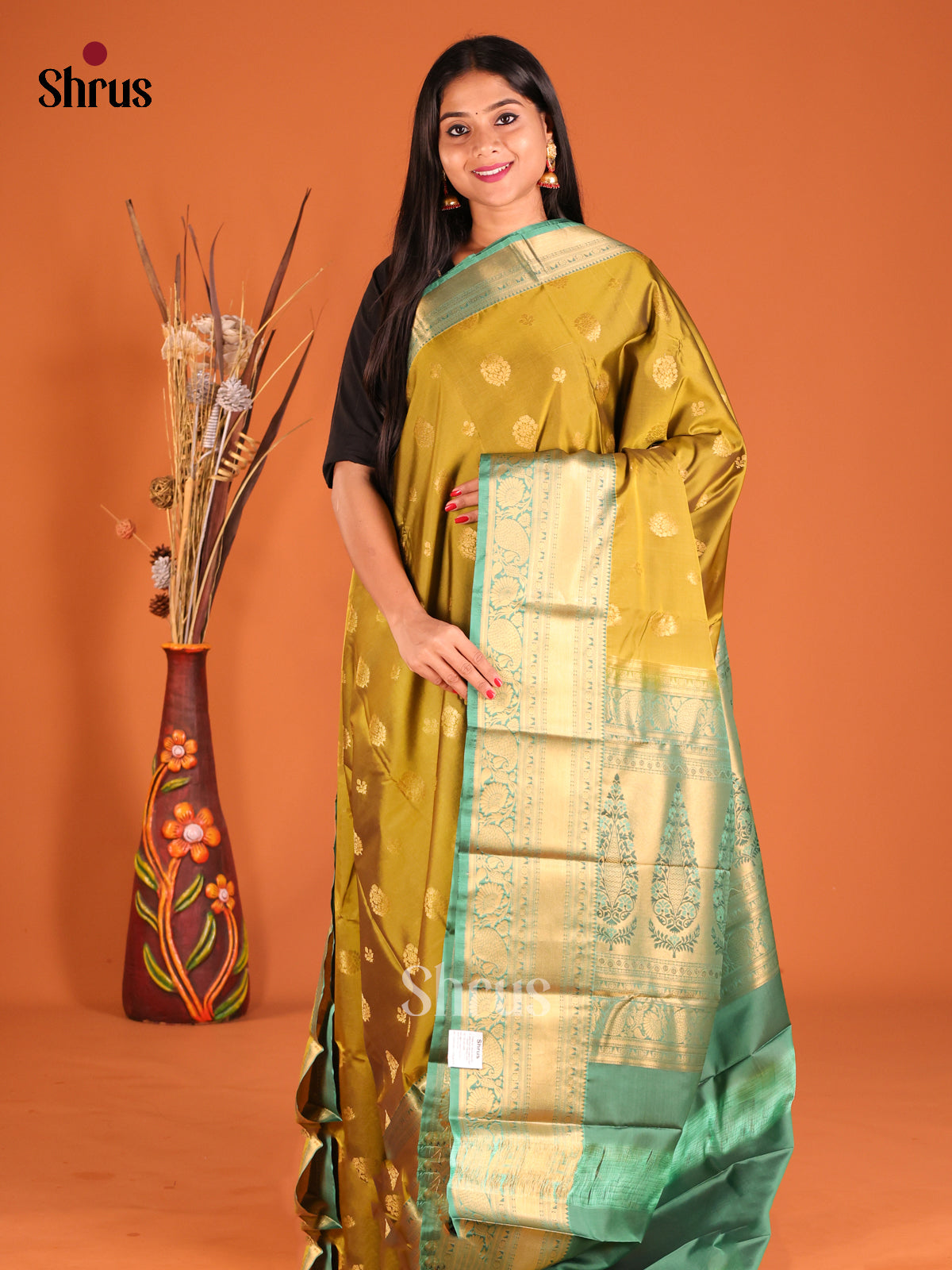 Mustardy Green & Green Softsilk-halfpure Saree with contrast traditional zari border - Shop on Shrus.com