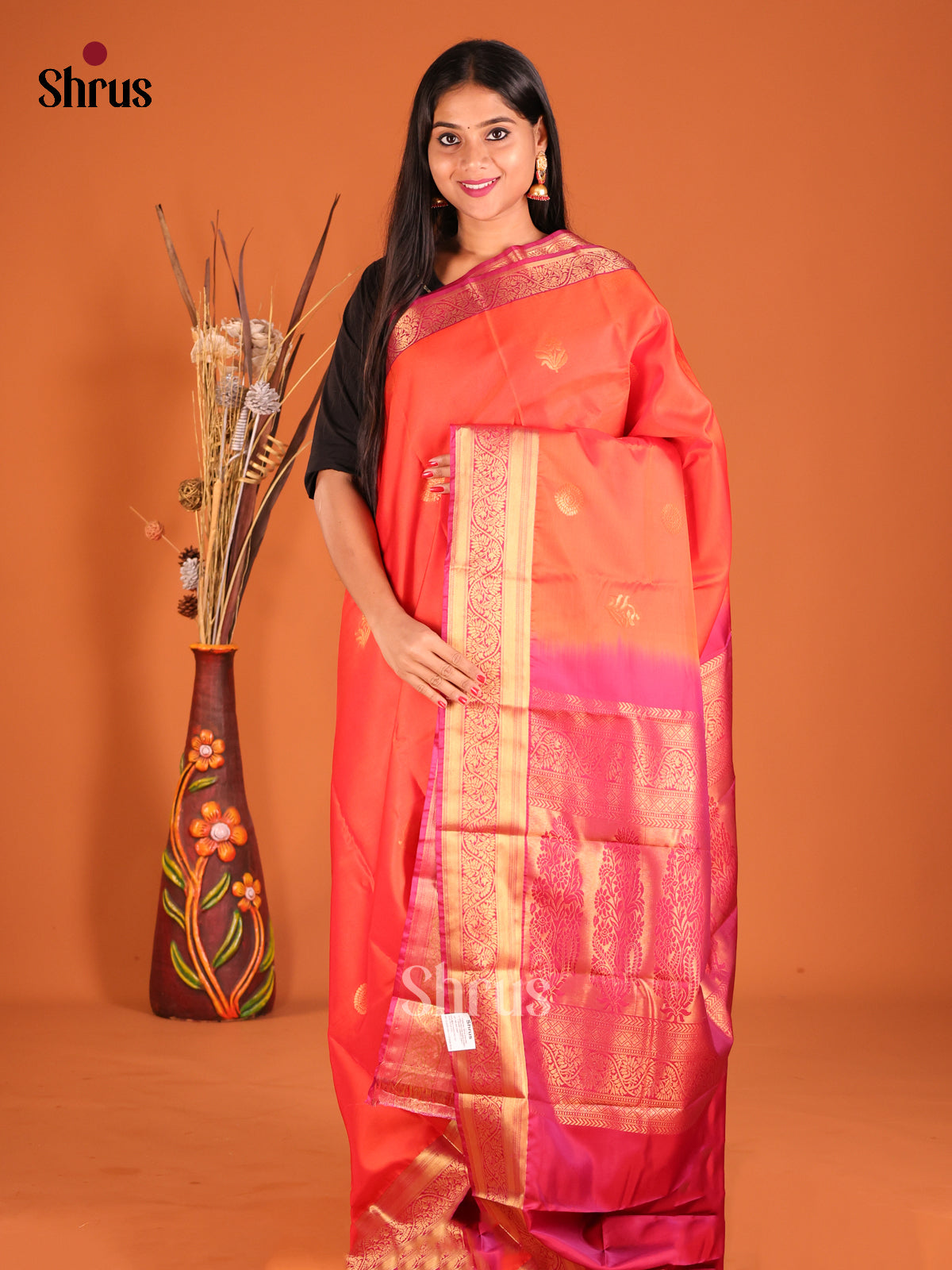 Pretty Orange Softsilk-halfpure Saree with zari floral buttas