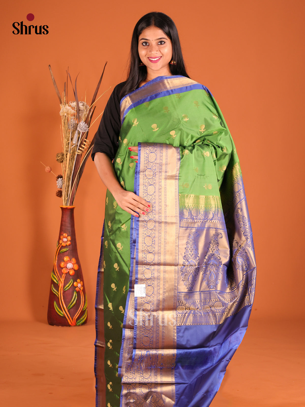 Green & Blue Softsilk-halfpure Saree with traditional zari border
