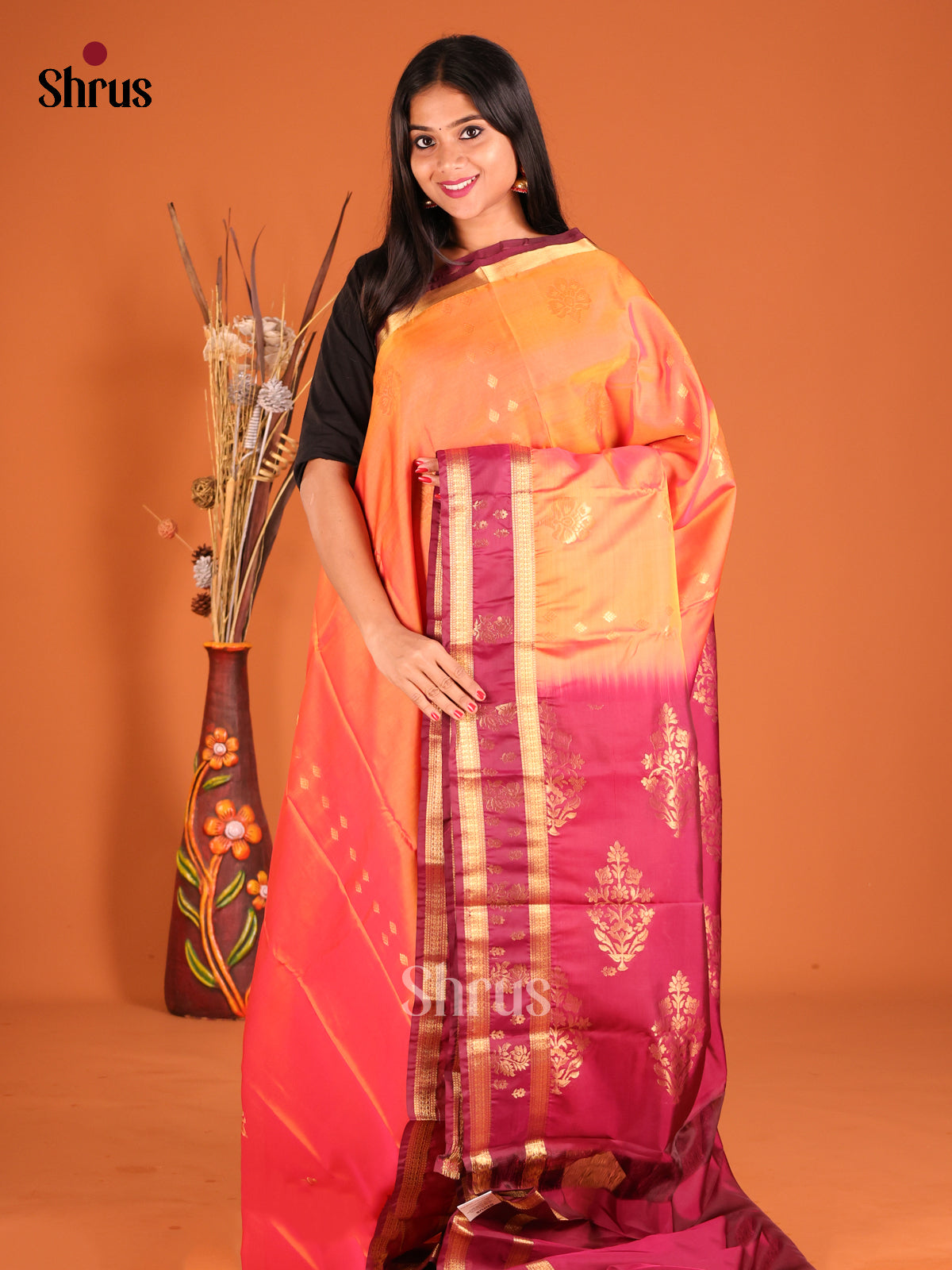 Orange & Maroon Softsilk-halfpure Saree with contrast Rettaipet border