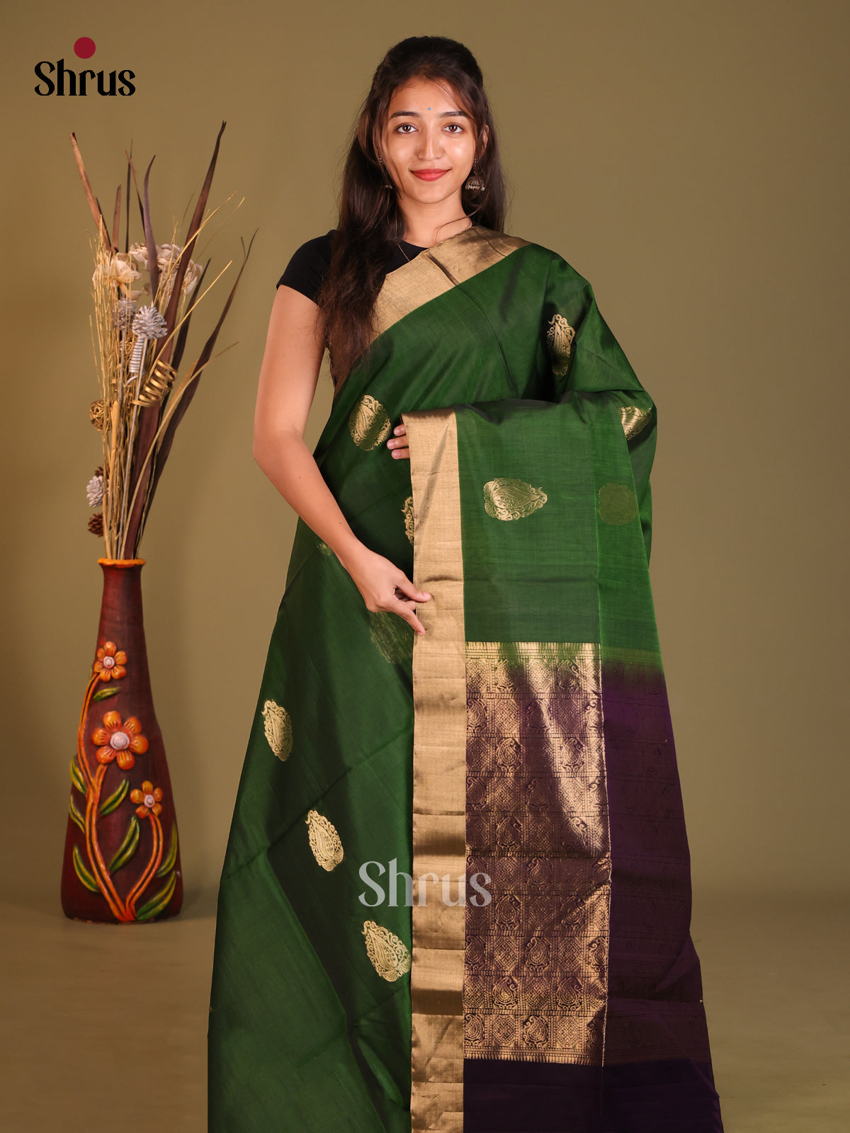 Green & Purple Silk Cotton Saree with zari thilagam floral motifs - Shop on Shrus.com