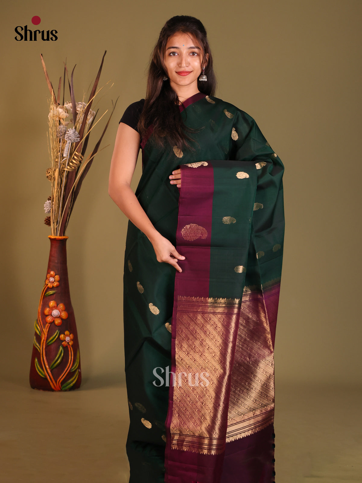 Green & Maroon Silk Cotton Saree with contrast zari brocade pallu - Shop on Shrus.com