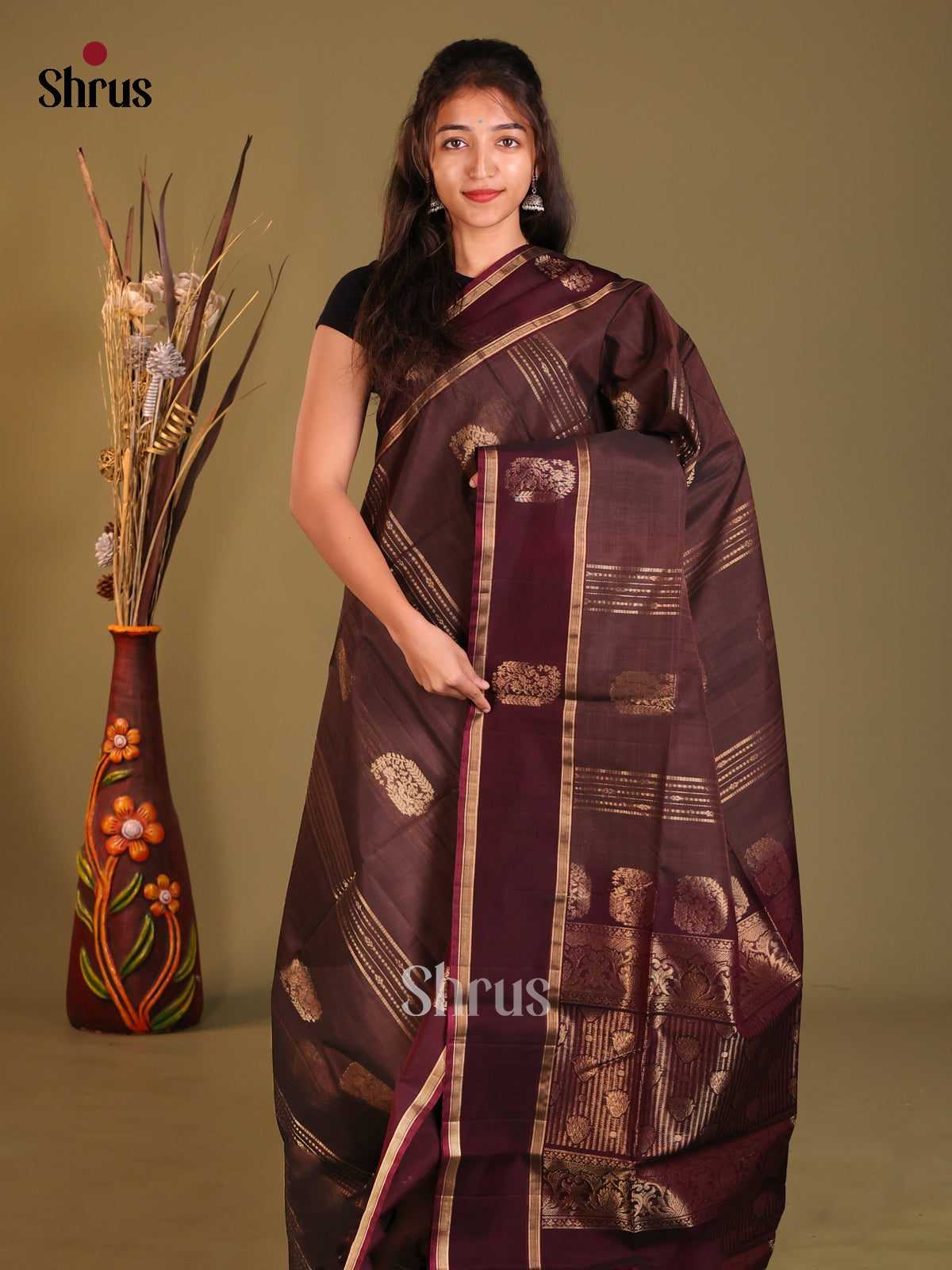 Brown & Maroon Silk Cotton Saree with zari stripes, paisley motifs