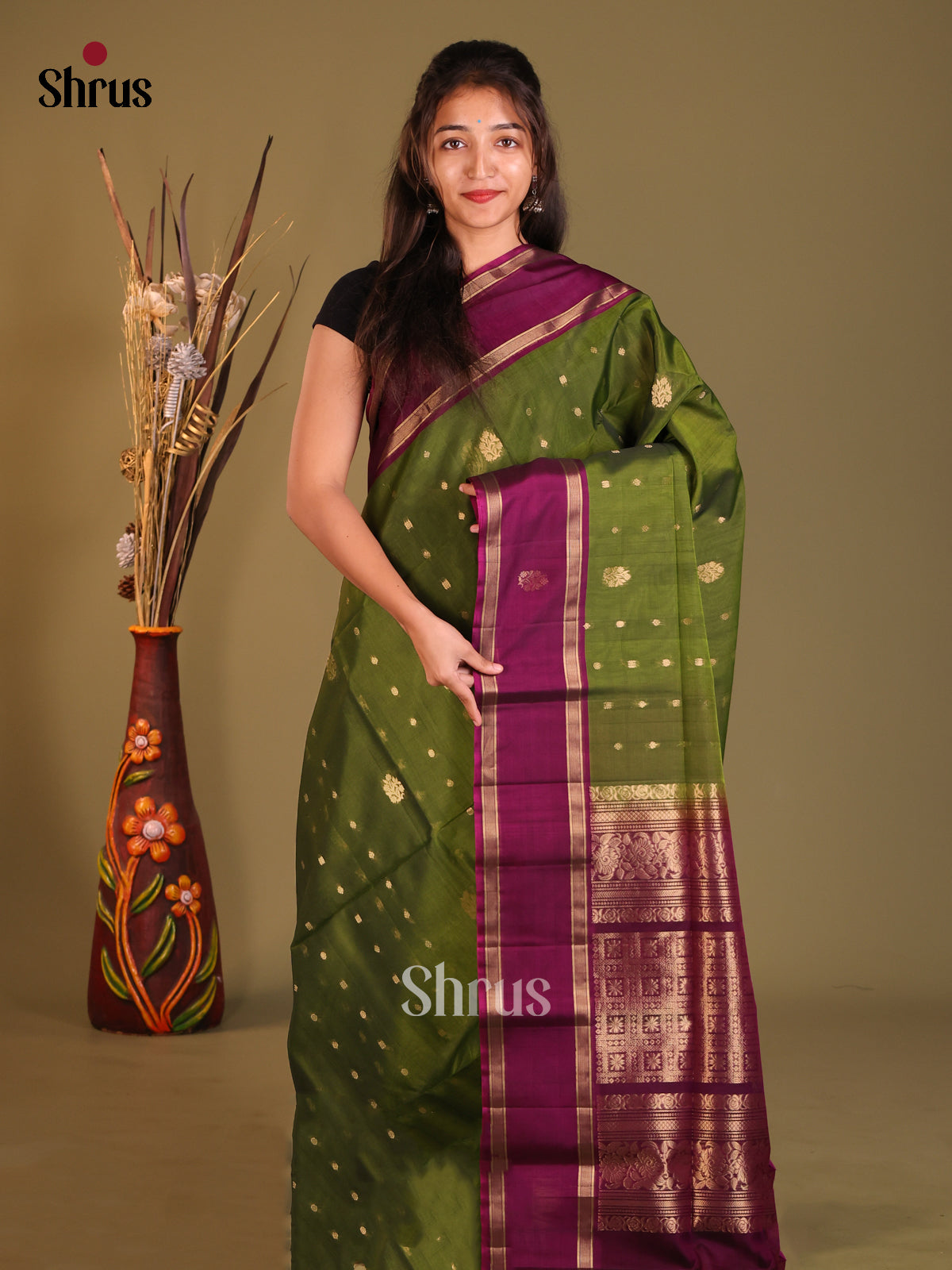 Green & Purple Silk Cotton Saree with zari floral buttas - Shop on Shrus.com