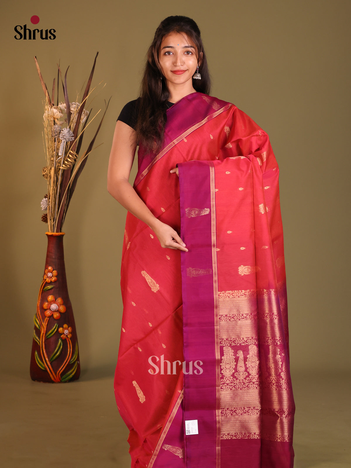 Red & Purple Silk Cotton Saree gleams with zari paisley motifs - Shop on Shrus.com
