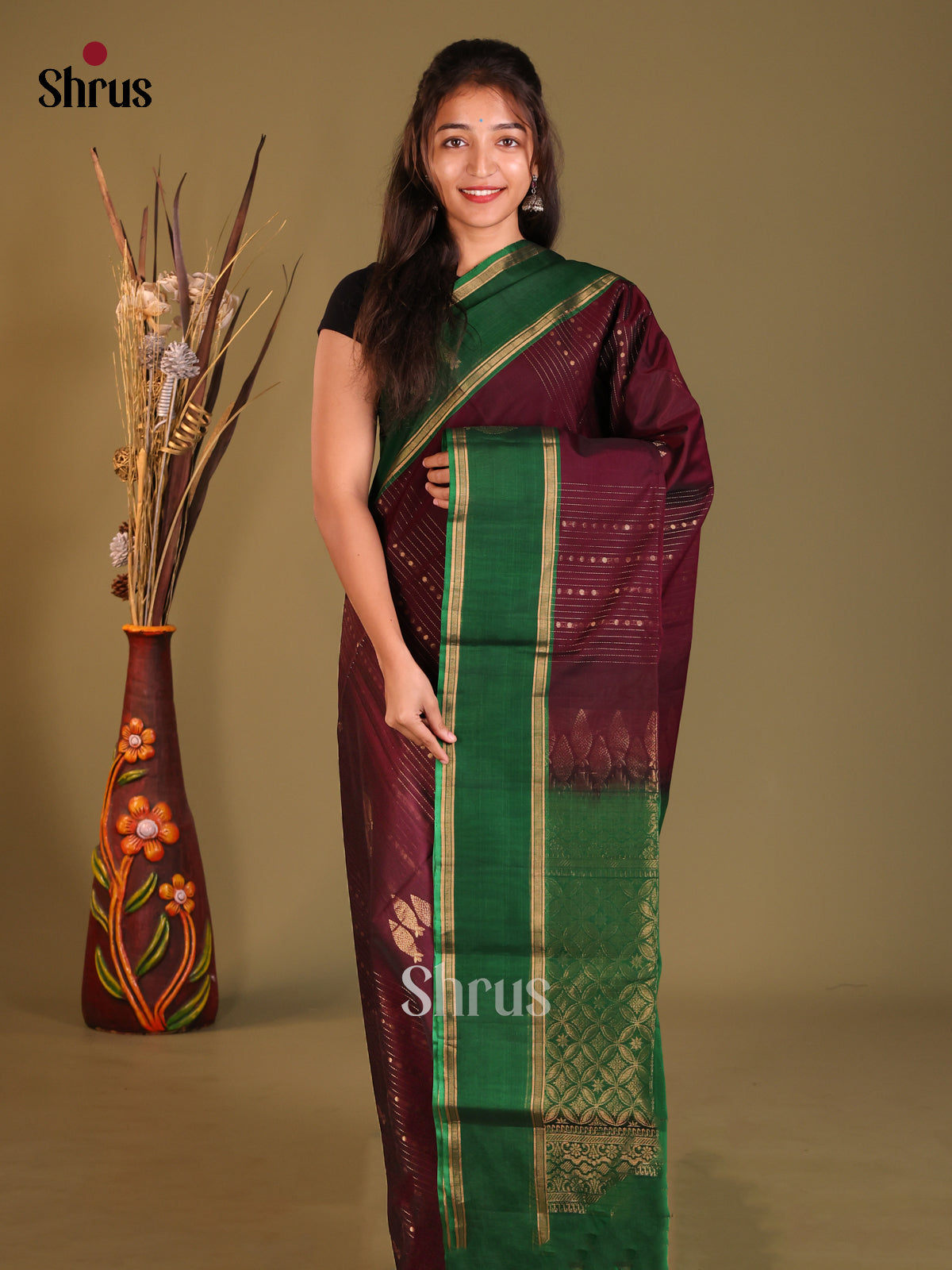 Maroon & Green Silk Cotton Saree with zari stripes, buttas - Shop on Shrus.com