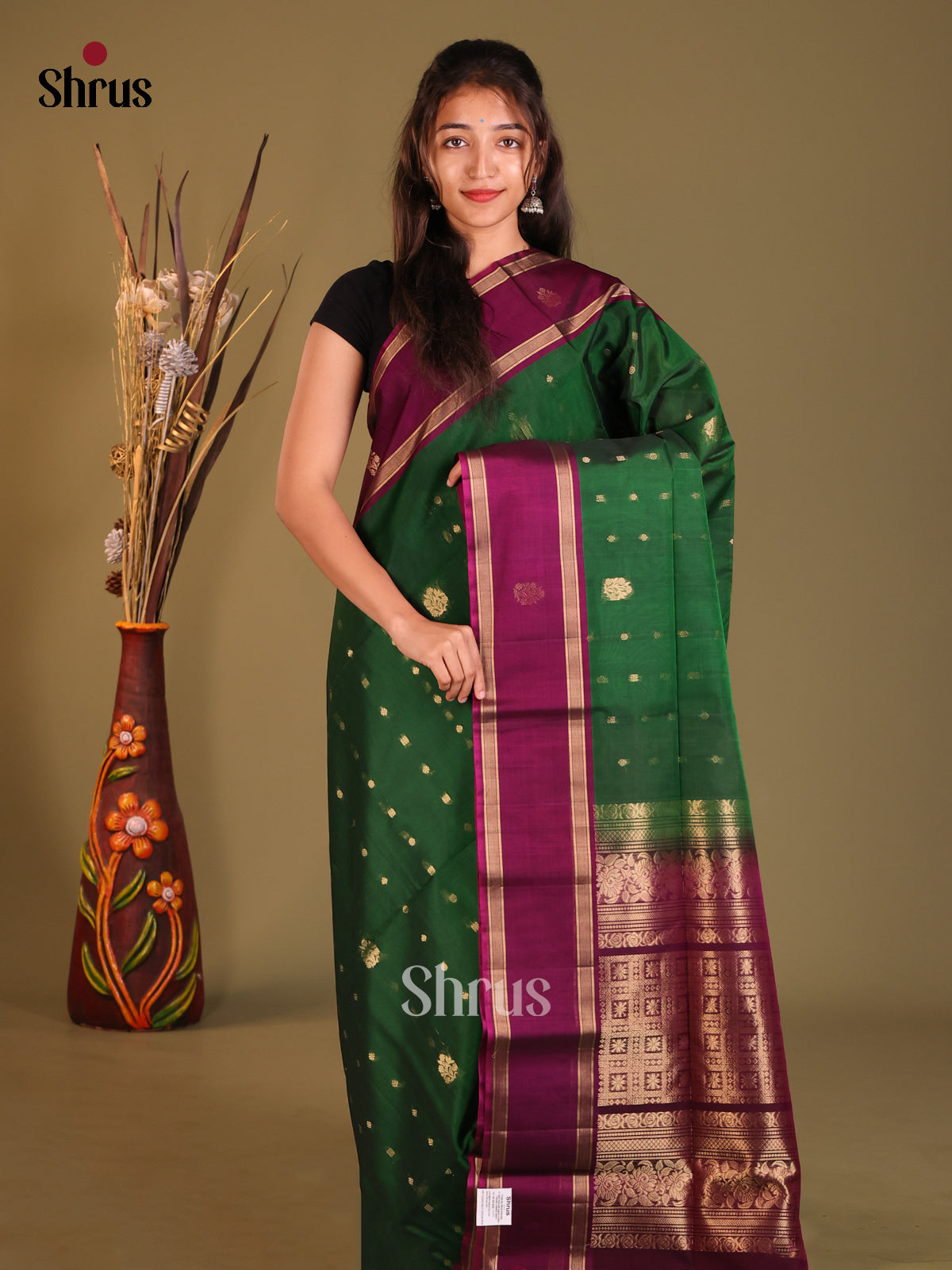 Green & Purple Silk Cotton Saree with rettaipet zari border - Shop on Shrus.com