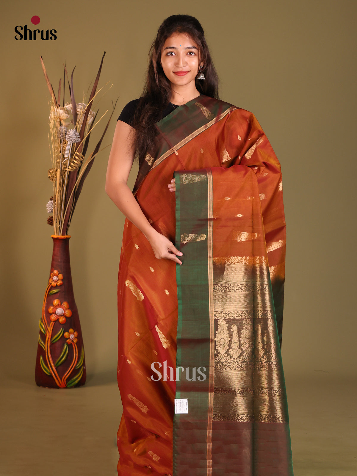 Rust & Green Silk Cotton Saree with zari paisleys motifs - Shop on Shrus.com