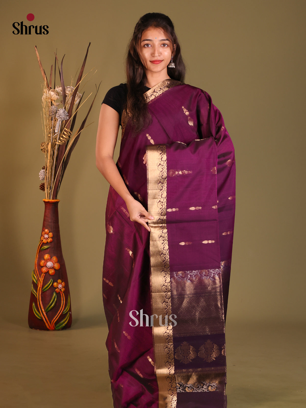 Beautiful Purple Silk Cotton Saree with gold zari floral buttas