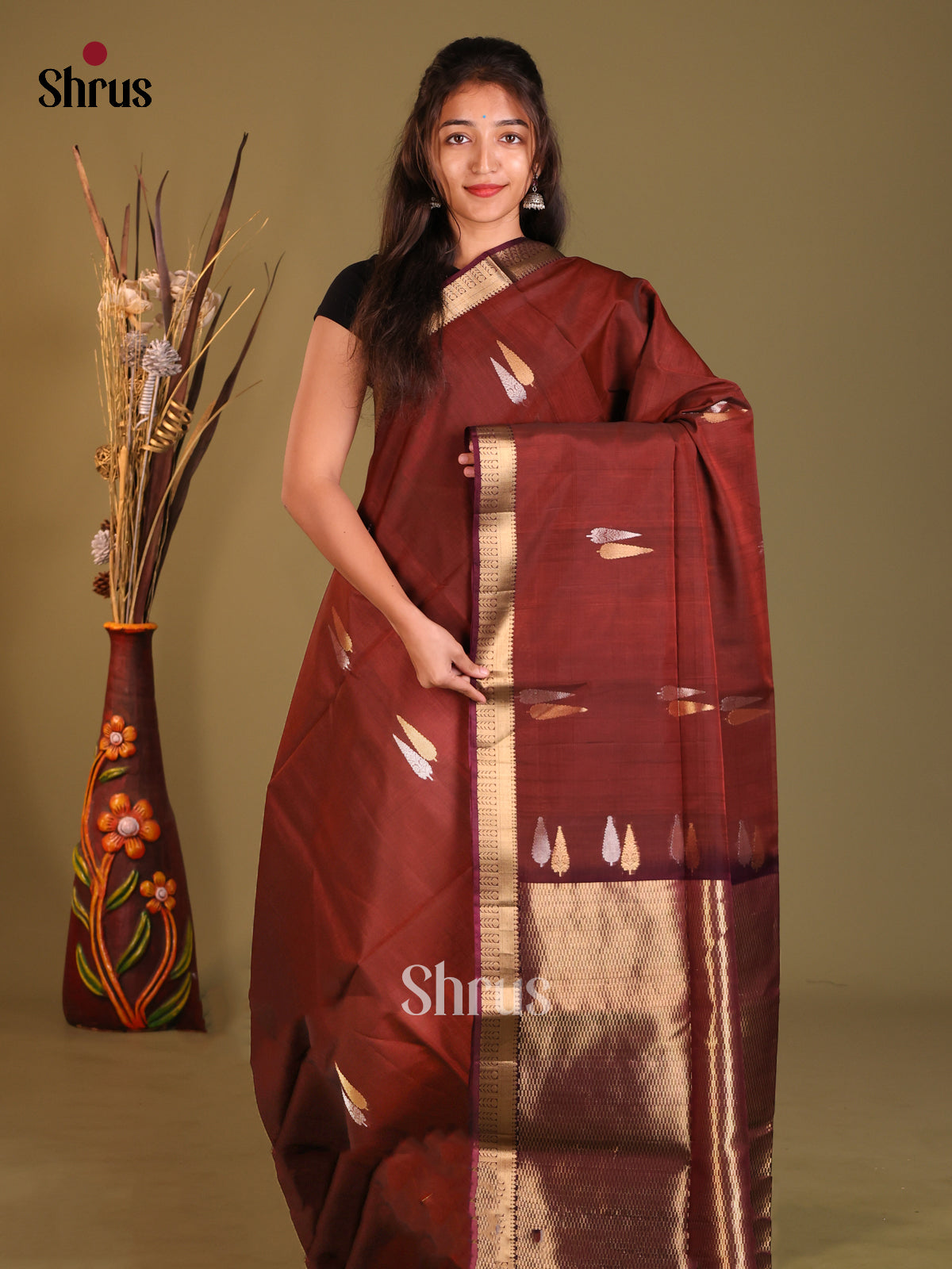 Brown & Maroon Silk Cotton Saree with gold, silver zari buttas