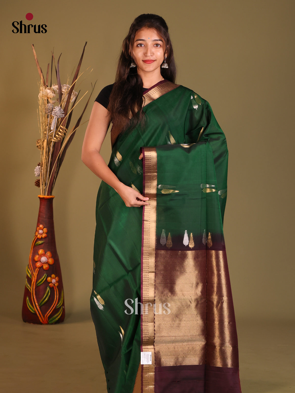 Green & Brown Silk Cotton Saree with gold, silver zari buttas - Shop on Shrus.com