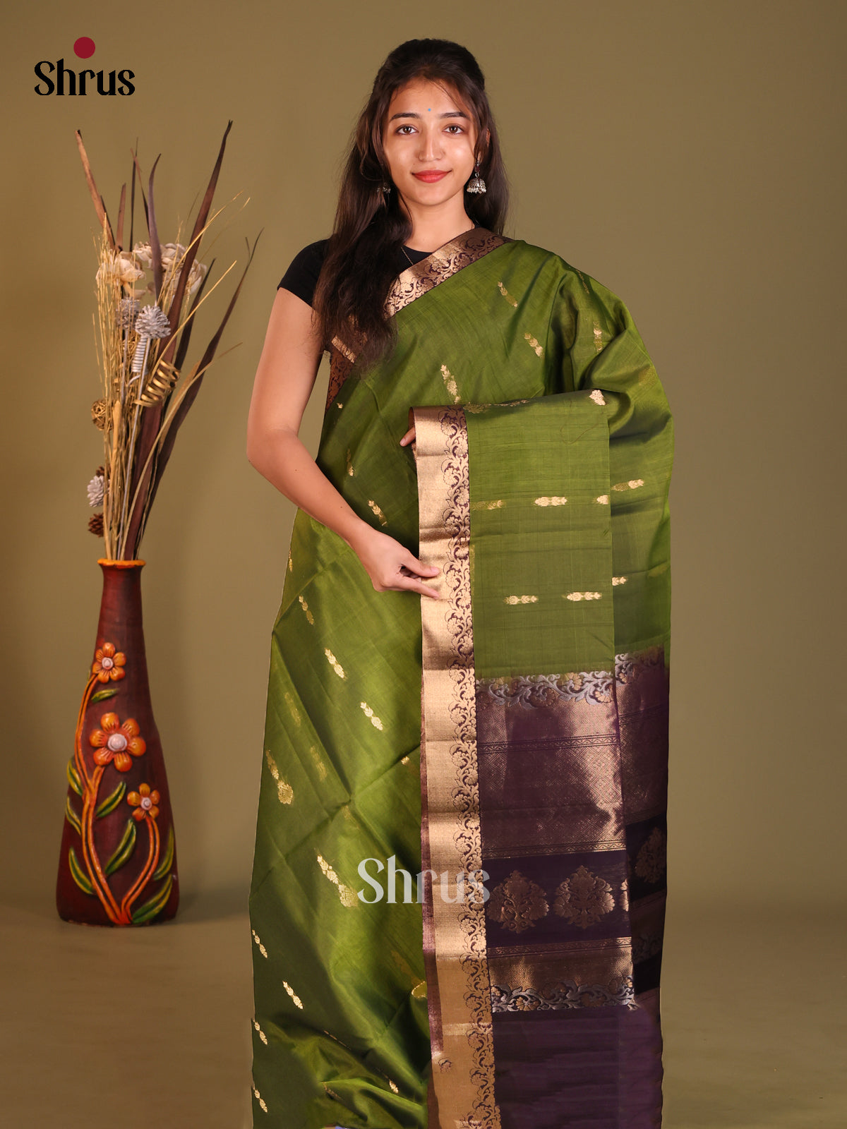 Green & Brown Silk Cotton Saree with zari buttas - Shop on Shrus.com