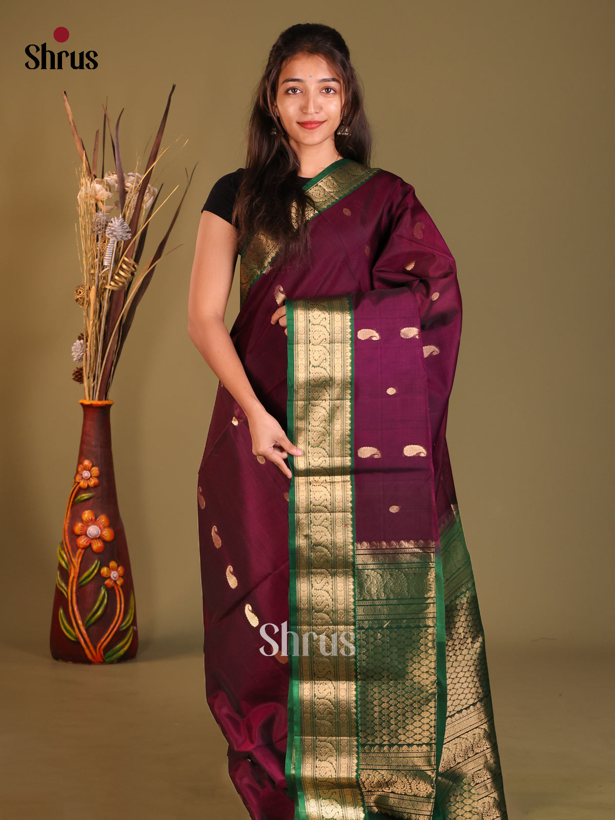Purple & Green Silk Cotton Saree with zari manga buttas - Shop on Shrus.com
