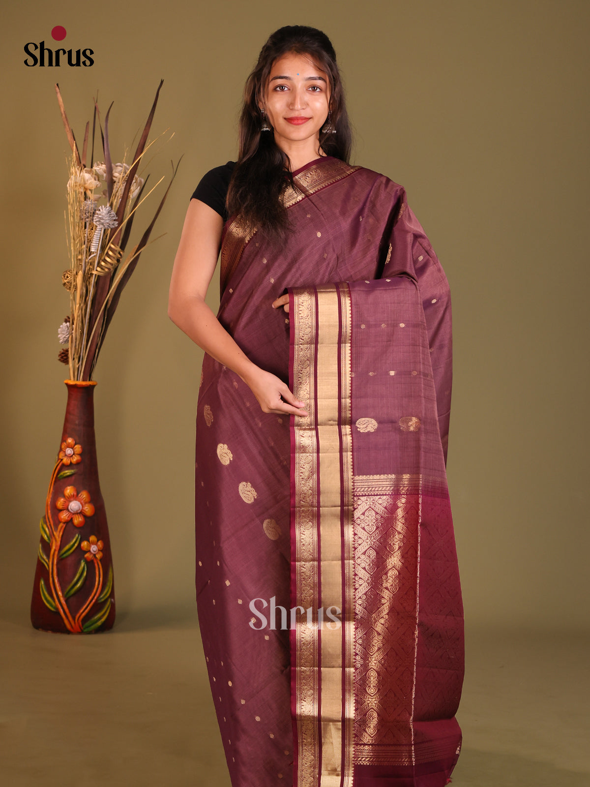 Brown & Maroon Silk Cotton Saree with zari brocade pallu