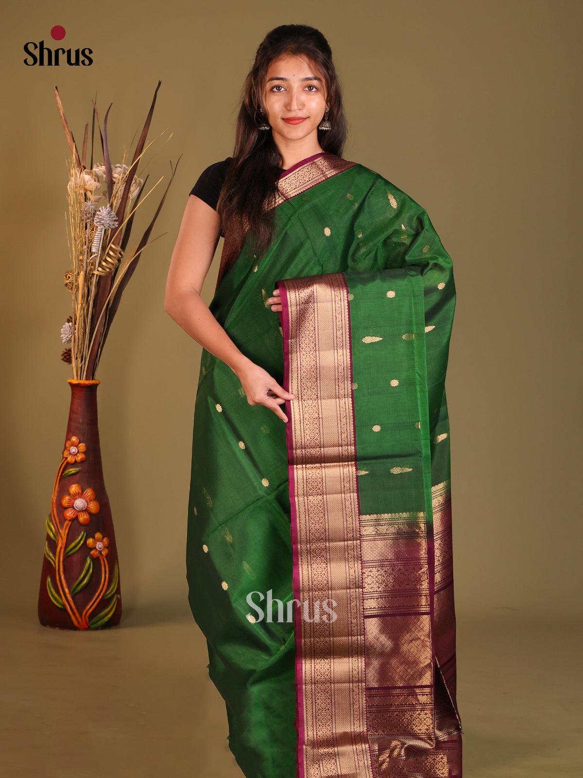 Green & Maroon Silk Cotton Saree with rich traditional zari border - Shop on Shrus.com