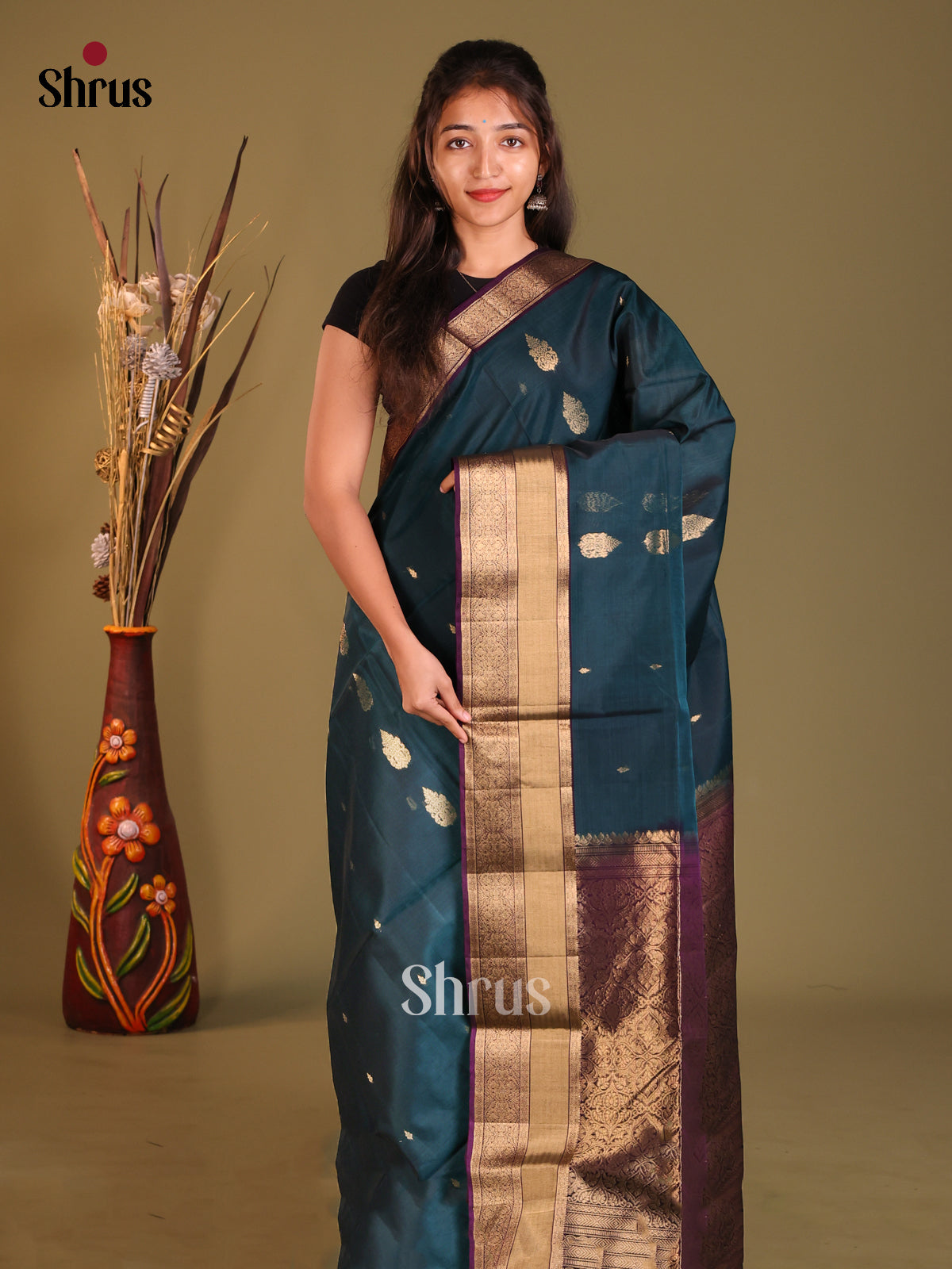Peacock Blue & Purple Silk Cotton Saree with zari floral buttas - Shop on Shrus.com