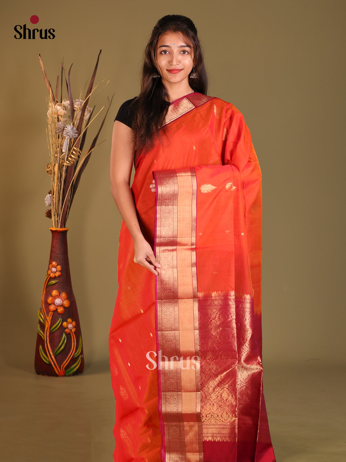 Orange & Maroon Silk Cotton Saree with rich traditional zari border - Shop on Shrus.com