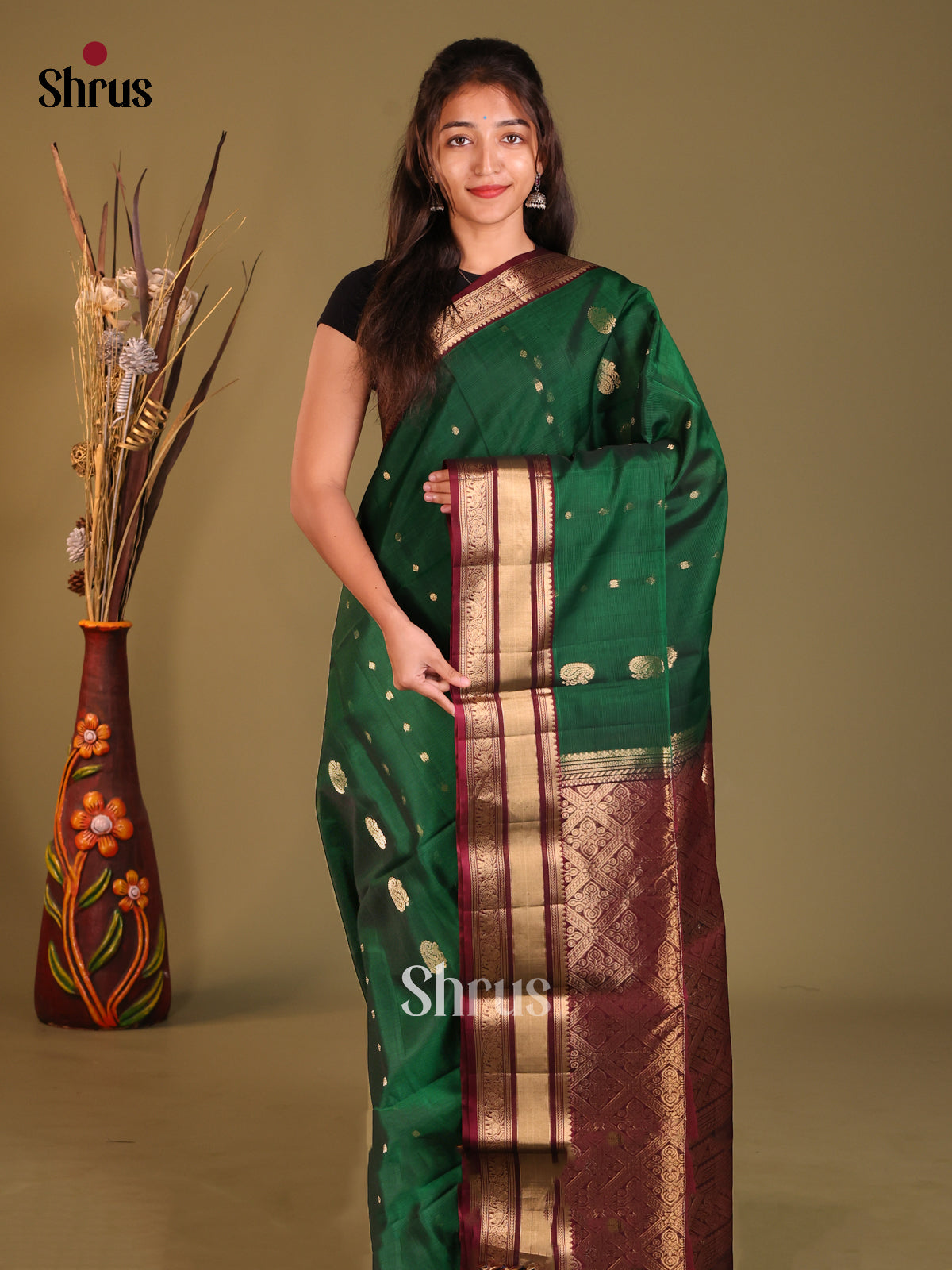 Green & Maroon Silk Cotton Saree with contrast zari brocade pallu - Shop on Shrus.com