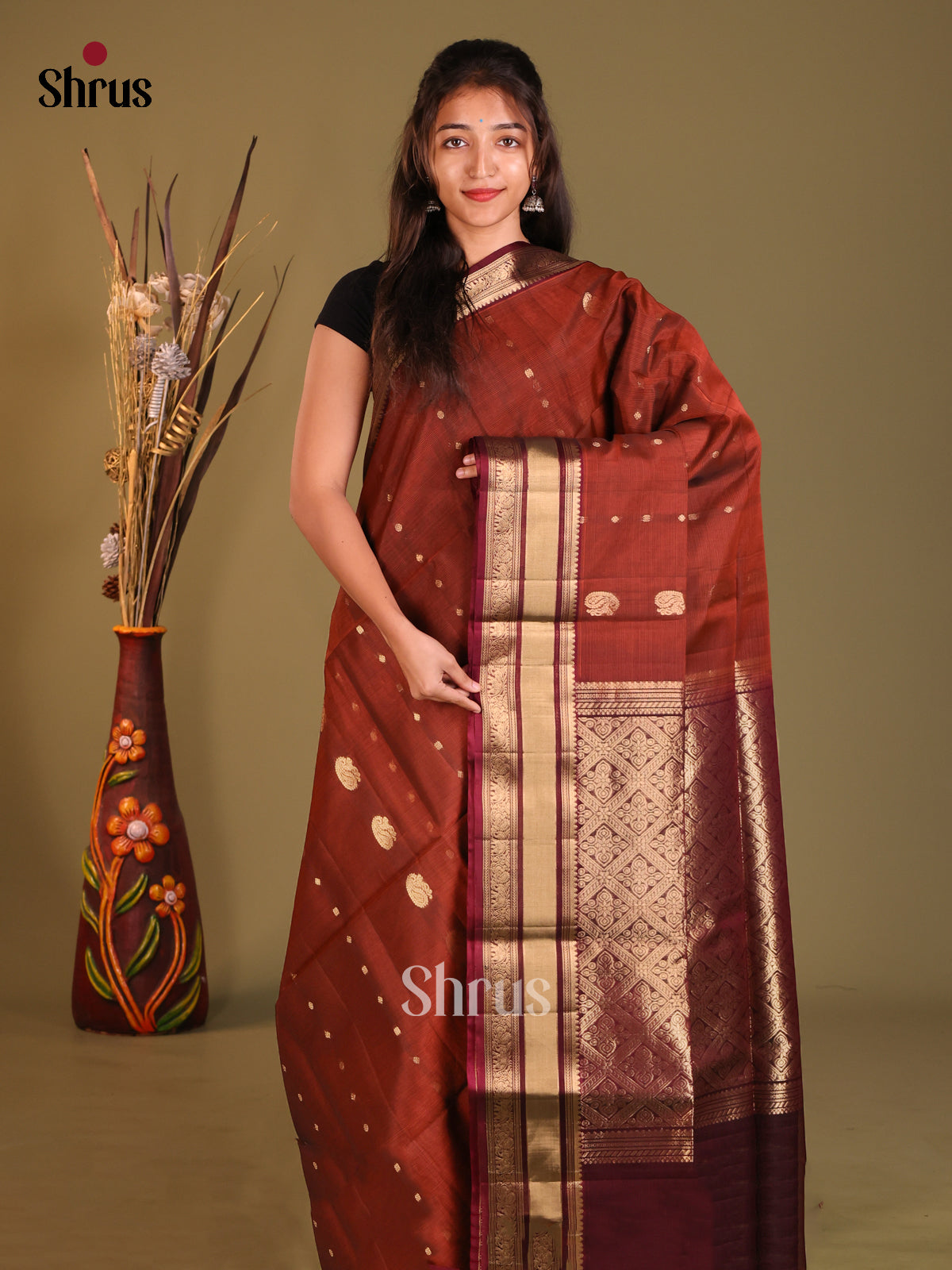 Brown & Maroon Silk Cotton Saree with korvai zari border
