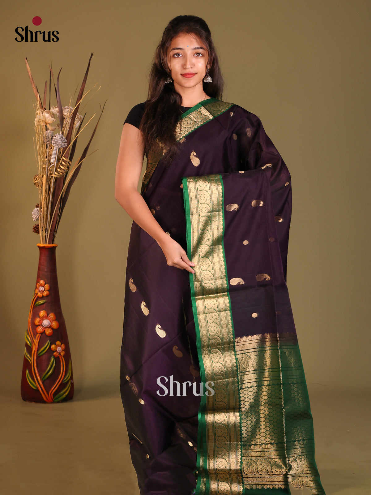 Violet & Green Silk Cotton Saree gleams with zari paisleys buttas