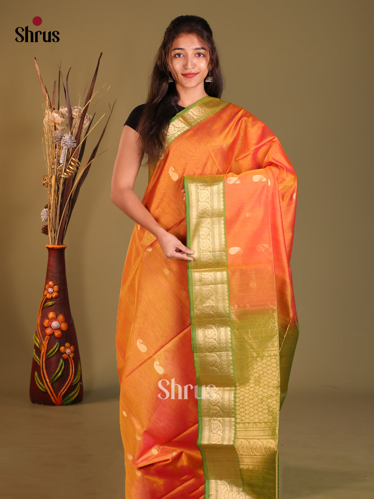 Orange & Green Silk Cotton Saree with korvai zari border - Shop on Shrus.com