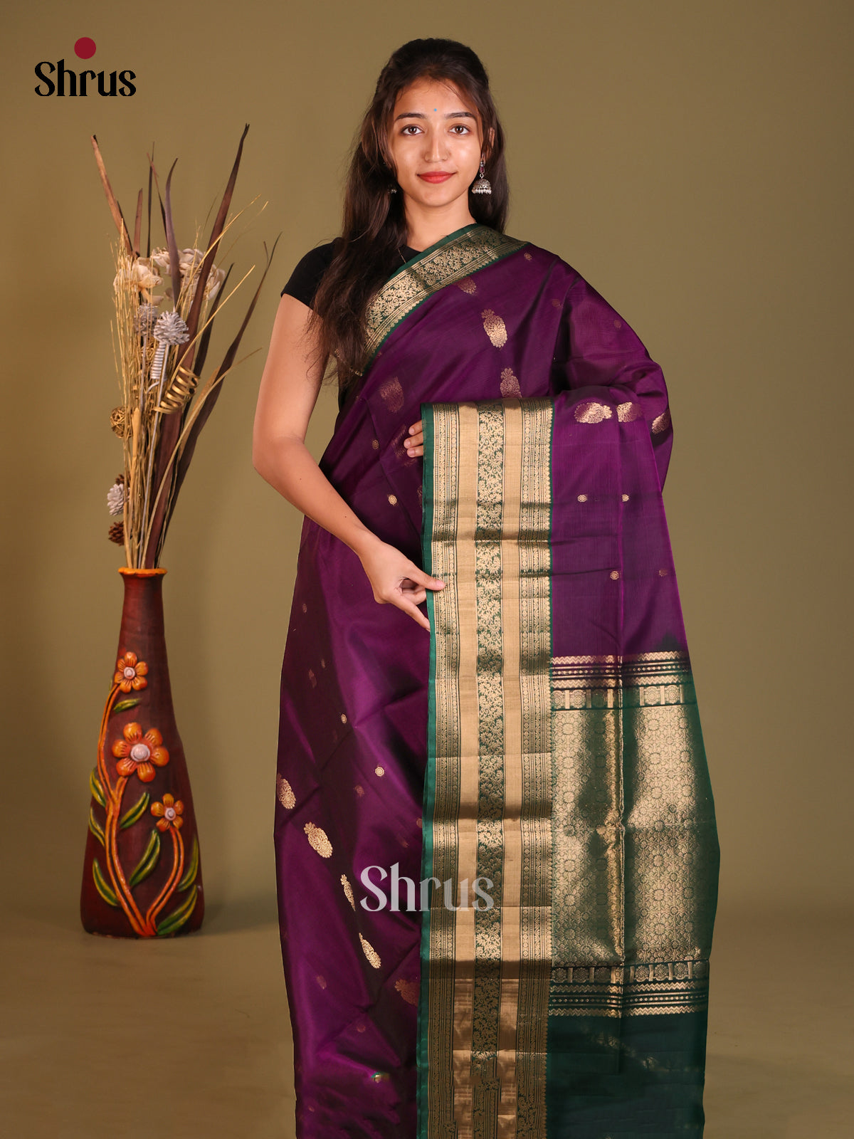 Violet & Green Silk Cotton Saree with gleams zari buttas - Shop on Shrus.com