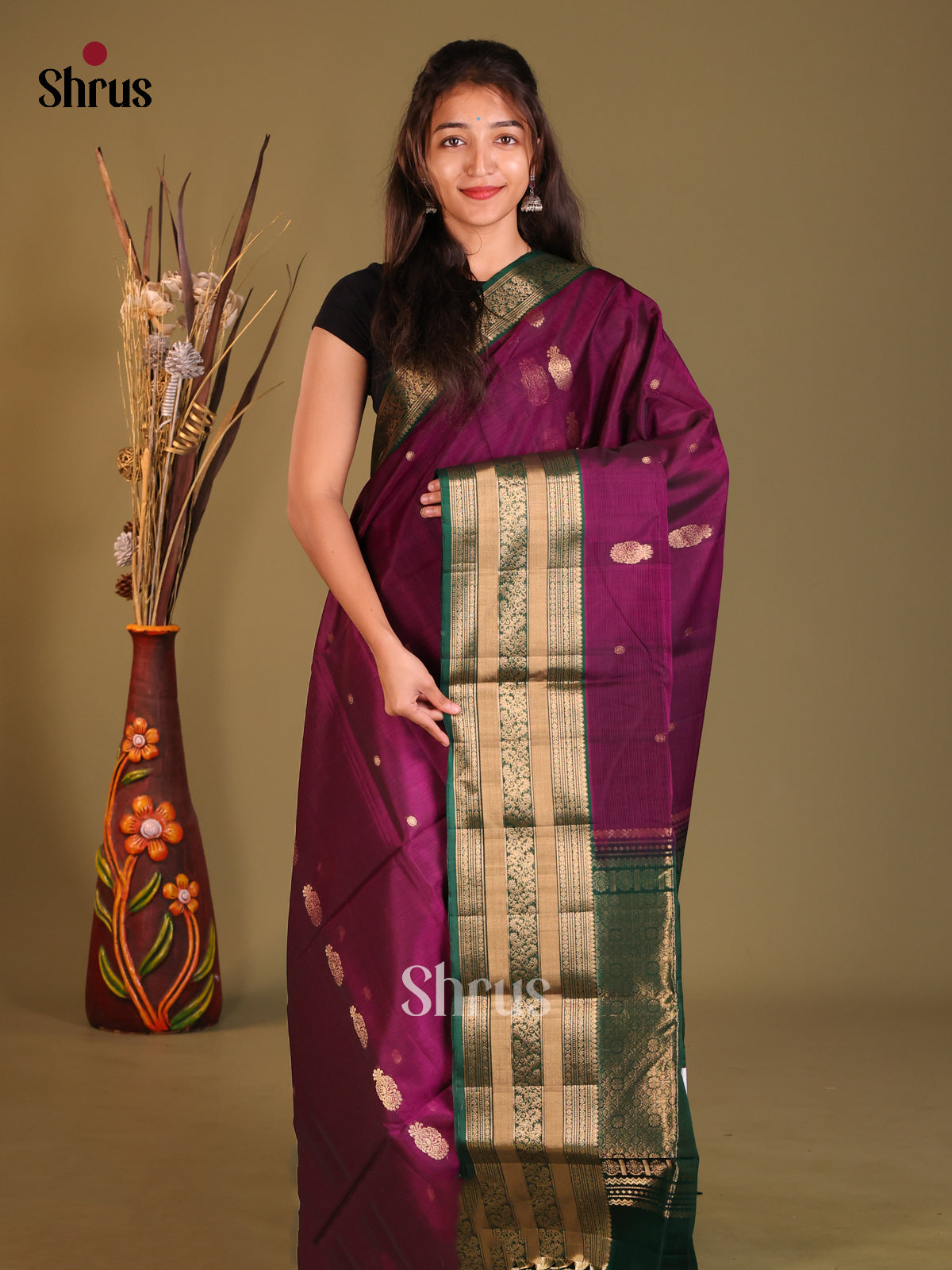 Purple & Green Silk Cotton Saree with rich zari border