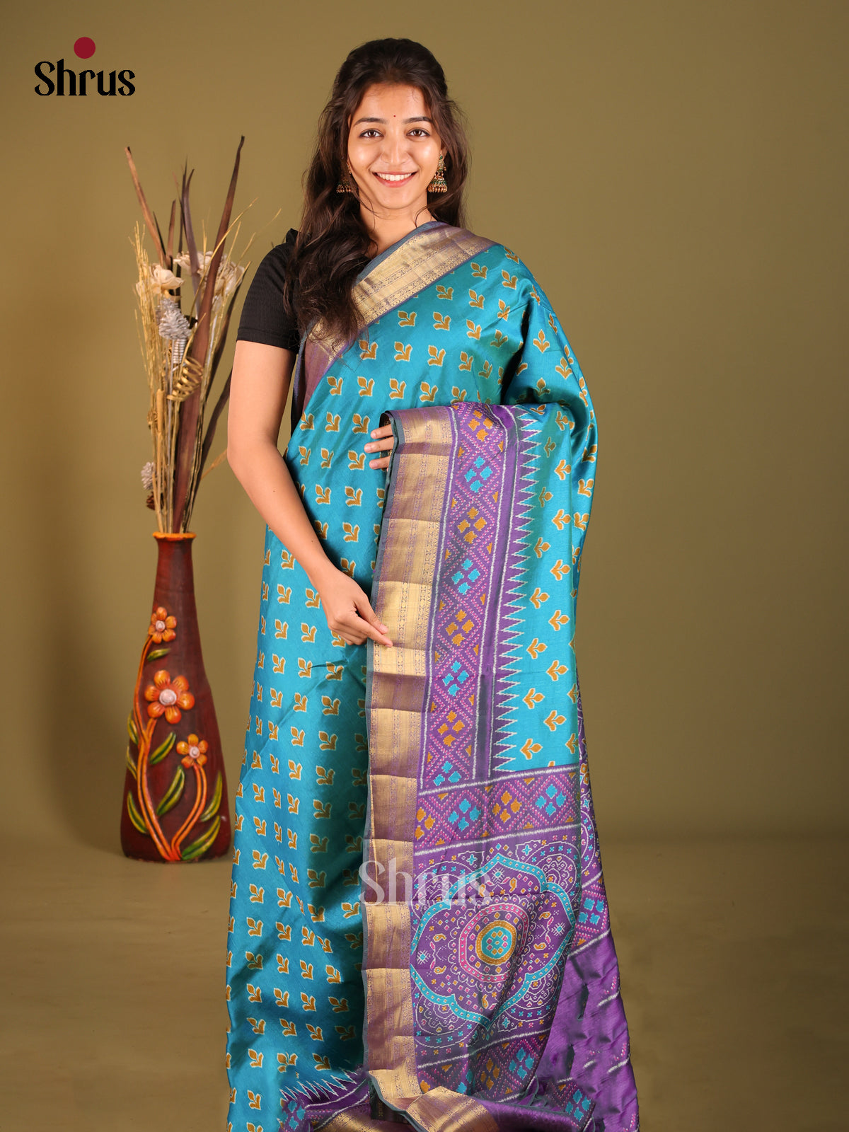 Teal Blue & Purple - Semi Patola Saree - Shop on Shrus.com