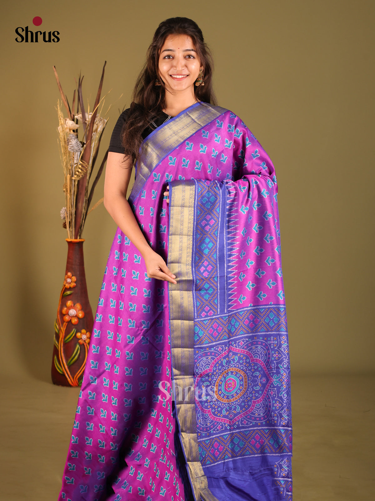 Purple & Blue- Semi Patola Saree - Shop on Shrus.com